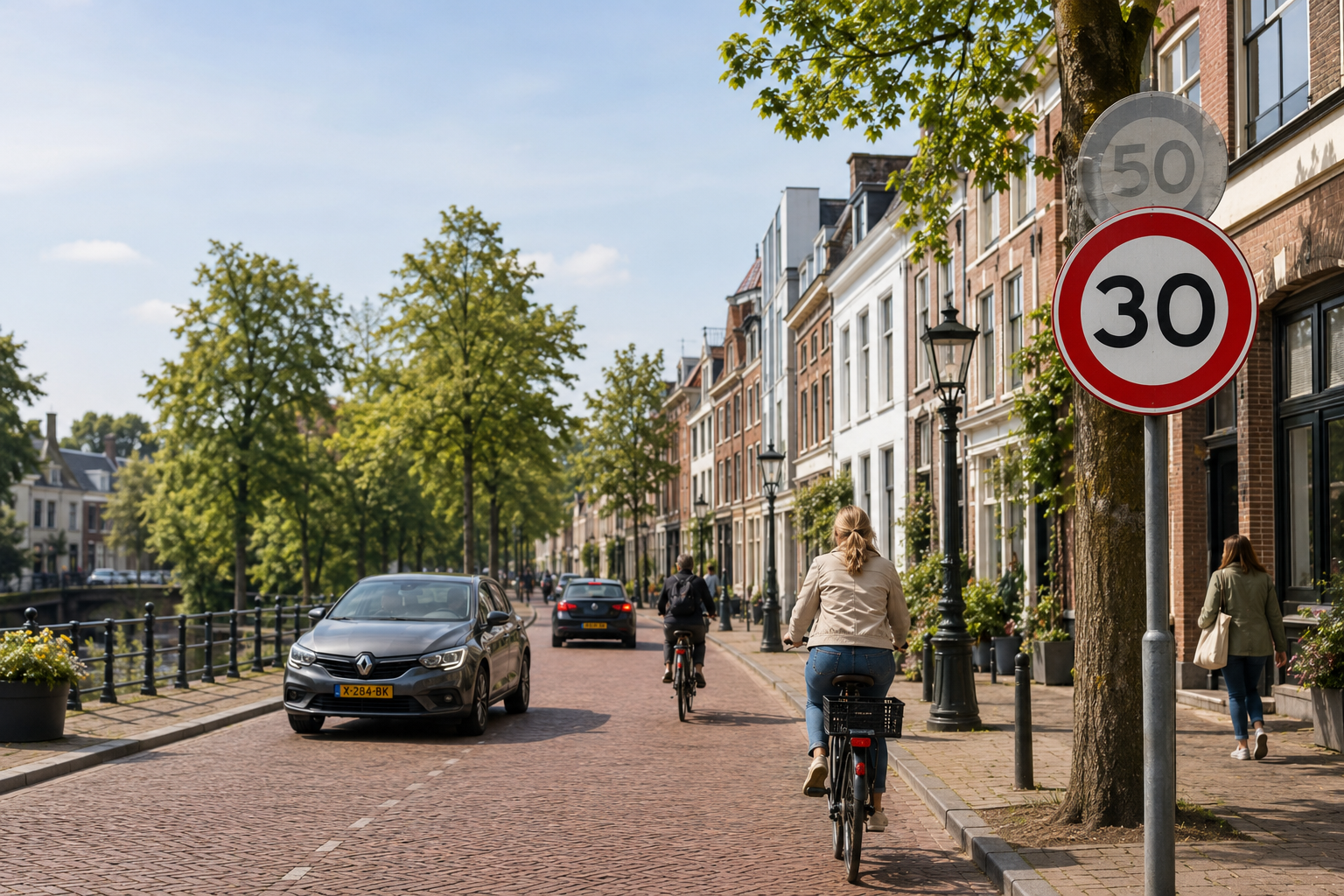 A Utrecht street shared by cyclists and cars, with a new 30 km/h speed-limit sign replacing the previous 50 km/h limit.