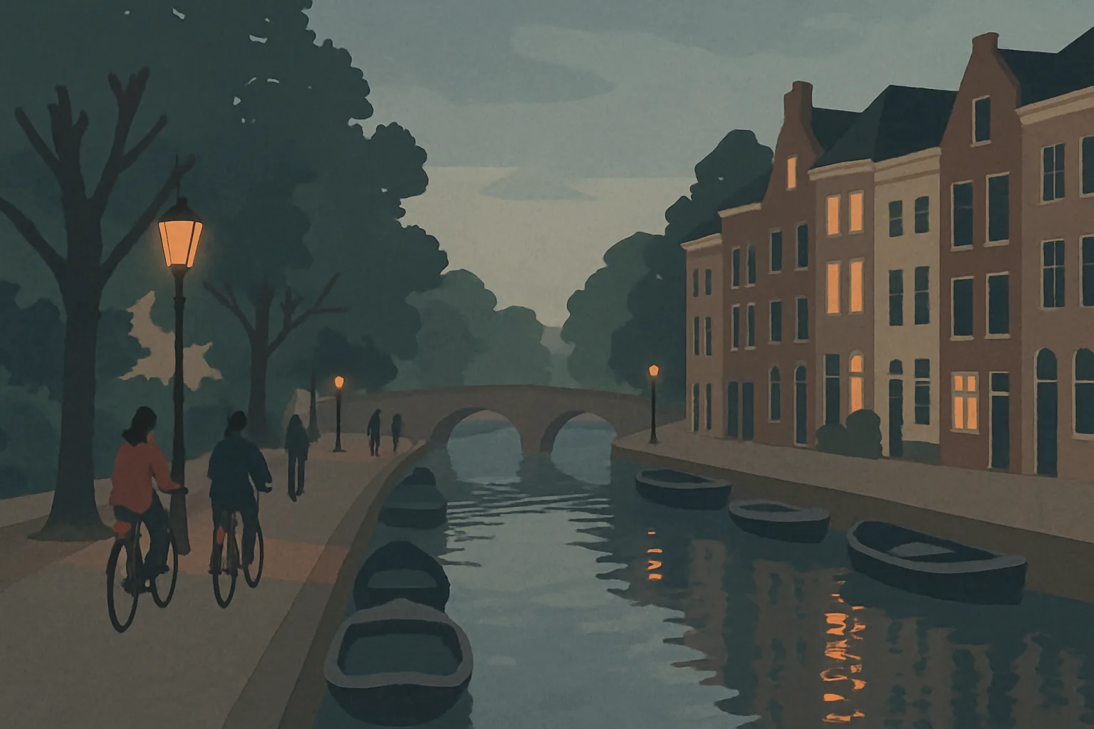 A canal-side street in a Dutch city centre with cyclists and pedestrians moving freely along a paved path beside the water, with no cars in sight and mature trees lining the route.