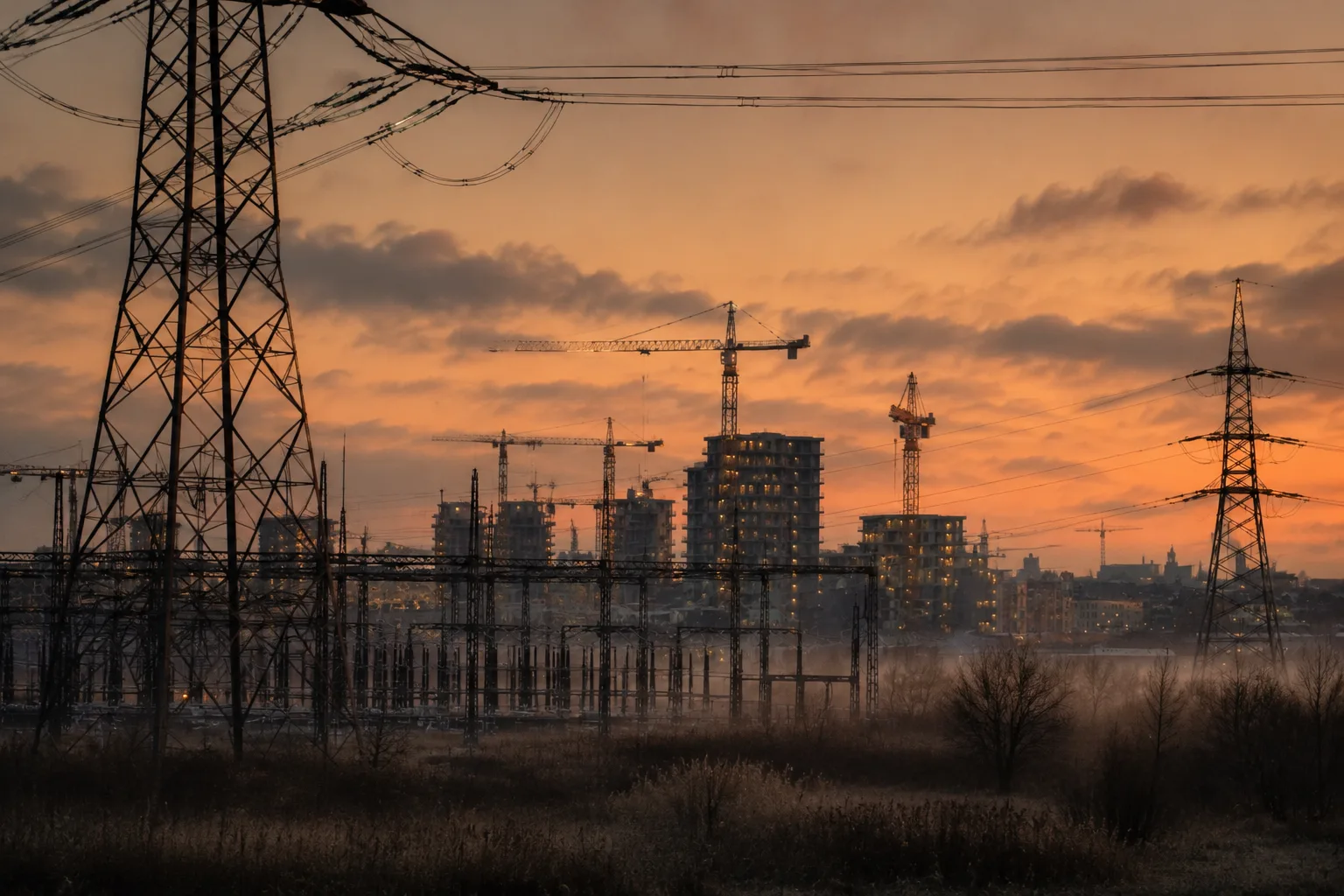 High-voltage pylons and an electricity substation at the misty edge of a Dutch city, with construction cranes and half-built apartment blocks glowing at dusk.