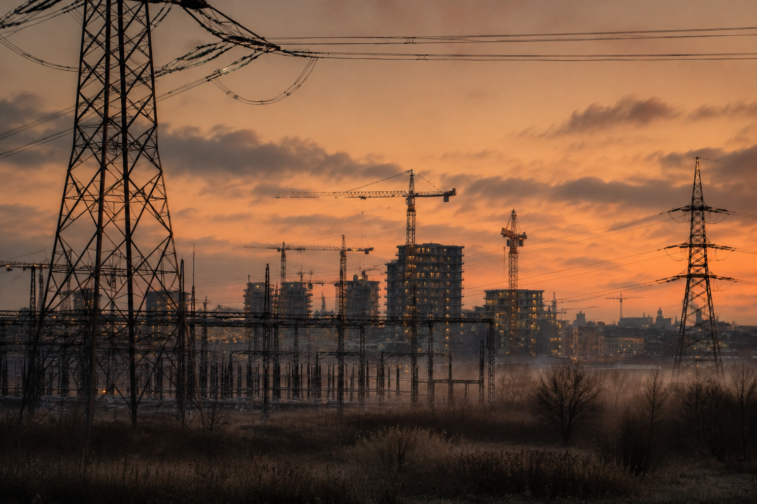 High-voltage pylons and an electricity substation at the misty edge of a Dutch city, with construction cranes and half-built apartment blocks glowing at dusk.