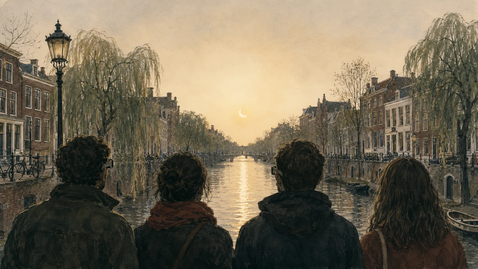 Watercolour illustration seen from behind — four people stand at the edge of an Utrecht canal with their backs to the viewer, heads level, watching a thin crescent Sun sitting low above the water at the far end of the canal, its reflection running back along the surface toward them