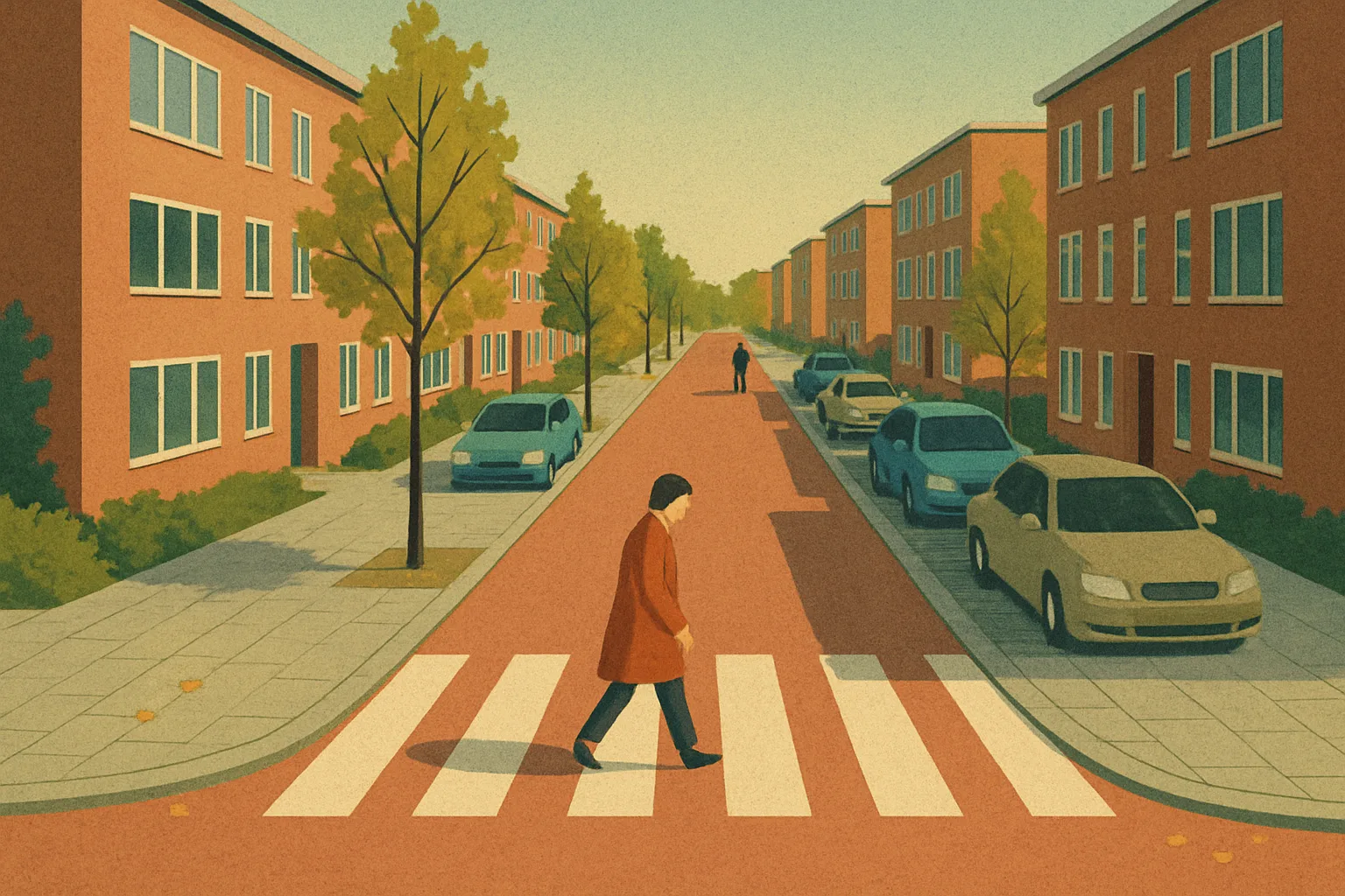 An illustrated residential street with narrow lanes, young trees in planted pits, and a new crossing where cyclists and pedestrians share space.