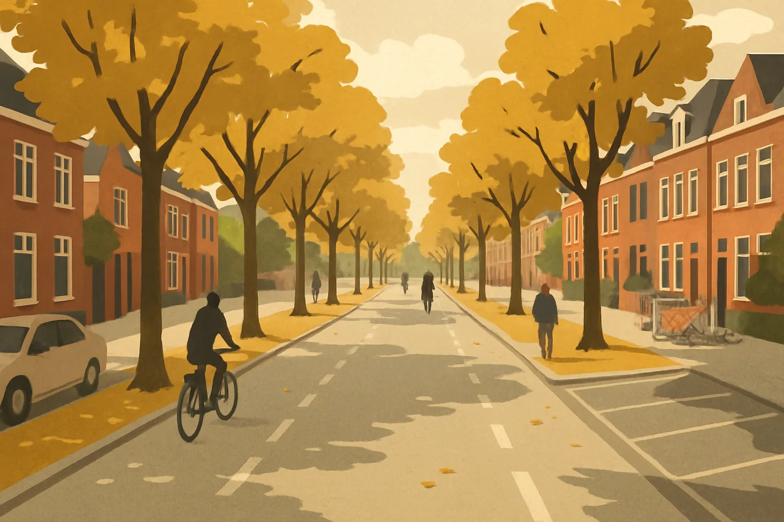 A broad tree-lined avenue in an old Utrecht neighbourhood, with a wide paved central strip for cyclists and walkers and narrow side streets with angled parking on either side.