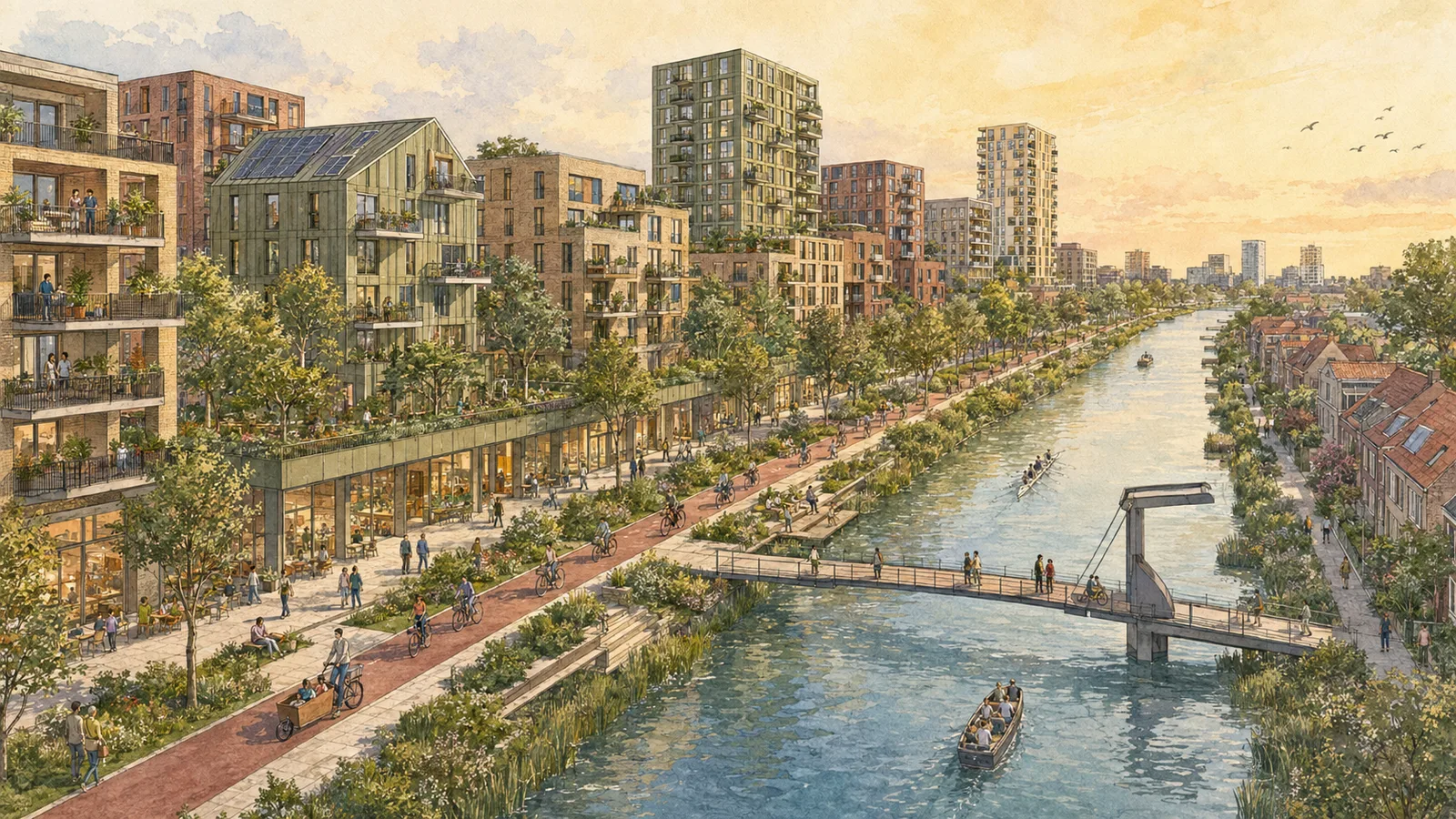 Watercolour illustration of a dense new canal-side district — mid-rise brick apartment blocks with planted balconies and set-back towers along one bank, a movable cycle and foot bridge, and older low-rise terraced houses on the opposite bank.