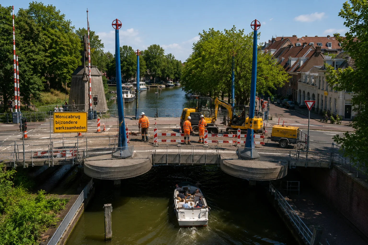 Maintenance work underway on Utrecht’s Monicabrug, with workers, machinery and a boat passing beneath the bridge.