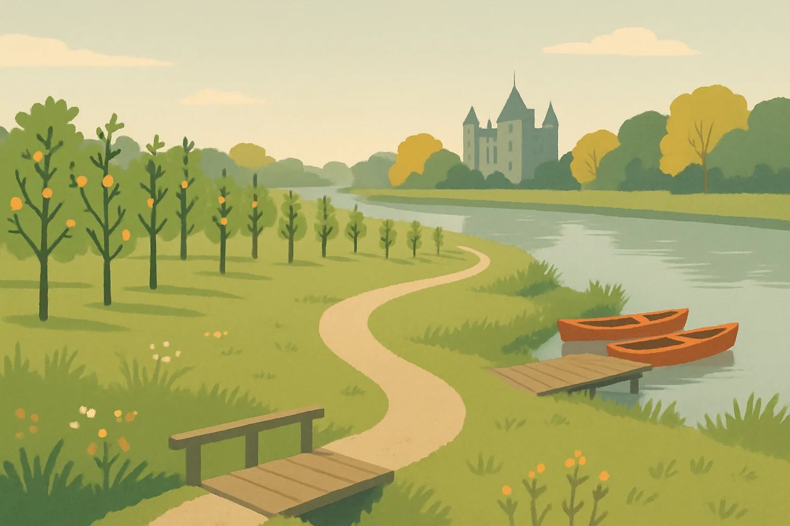 An illustration of a quiet river landscape with meadows, a footbridge, a small canoe landing and fruit trees, with a castle visible in the distance.