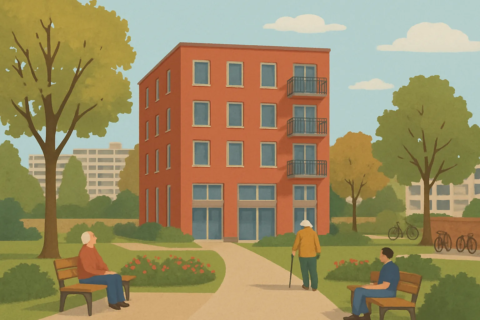 A modest new mid-rise building with large ground-floor windows overlooks a landscaped green courtyard with benches, trees and a paved accessible path, set among the older apartment blocks of a 1970s Dutch neighbourhood.