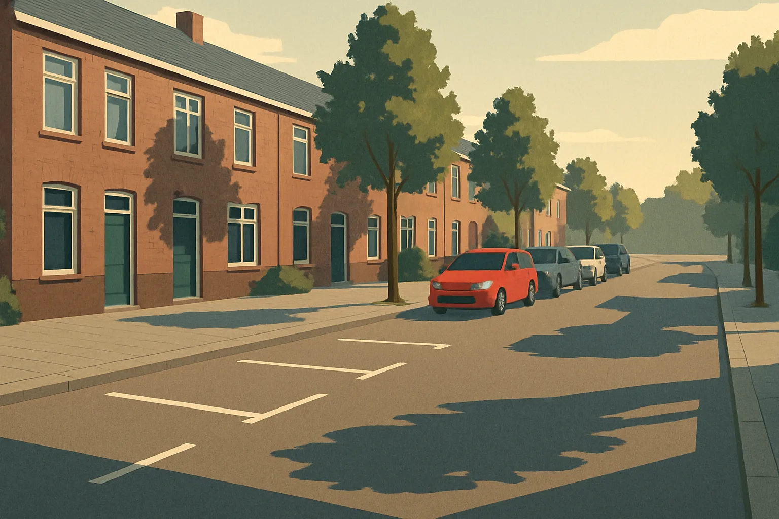 An illustrated Utrecht residential street with parked cars, a parking meter and morning light between terraced homes.