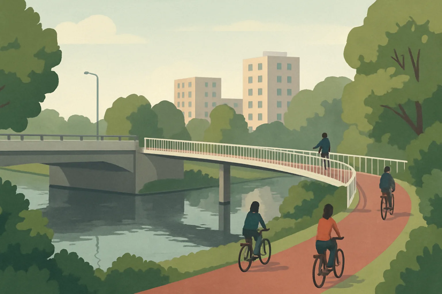 An illustrated cycle path curving through trees and shrubs towards a slim bridge beside an existing road bridge over a wide canal, with cyclists crossing.
