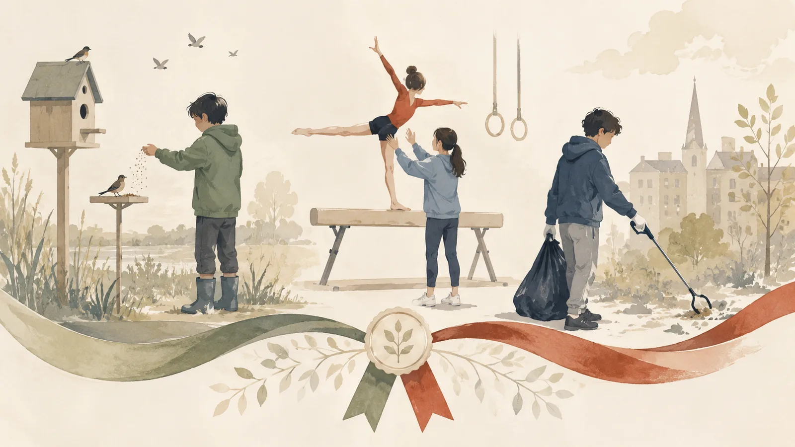 Illustration of young people helping their community by feeding birds, assisting with gymnastics and collecting litter, linked by a ribbon motif.