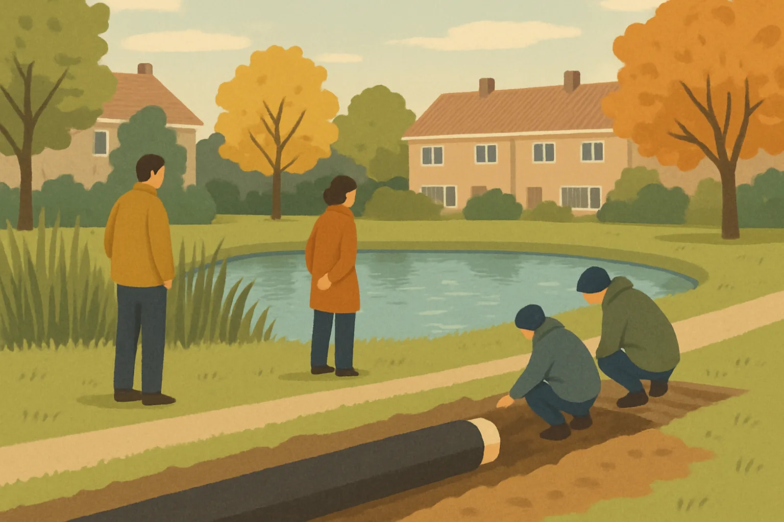 An illustrated Dutch suburban pond bordered by reeds and a mown grass verge, with a stretch of insulated heating pipe laid open in a trench beside a footpath, houses with sloped roofs in the background under an autumn sky, and a couple of residents walking near the water.