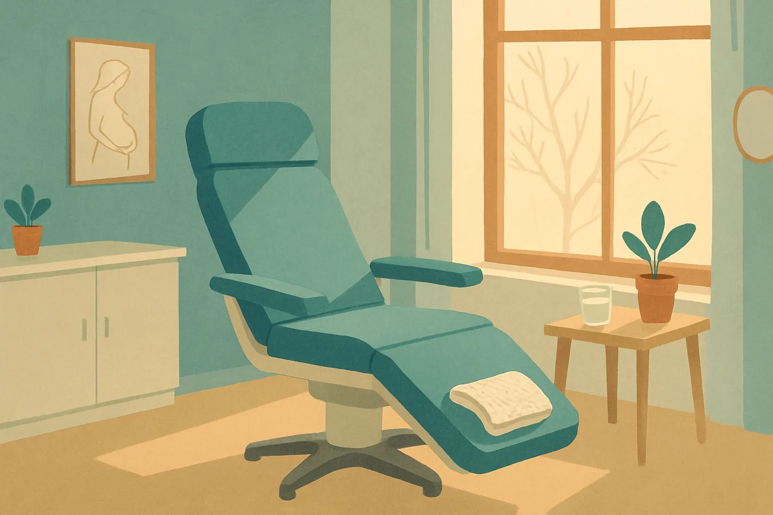 A softly lit, illustrated medical consultation room with a comfortable chair, a folded blanket, a small potted plant and daylight coming through a window, in calm teal and cream tones.