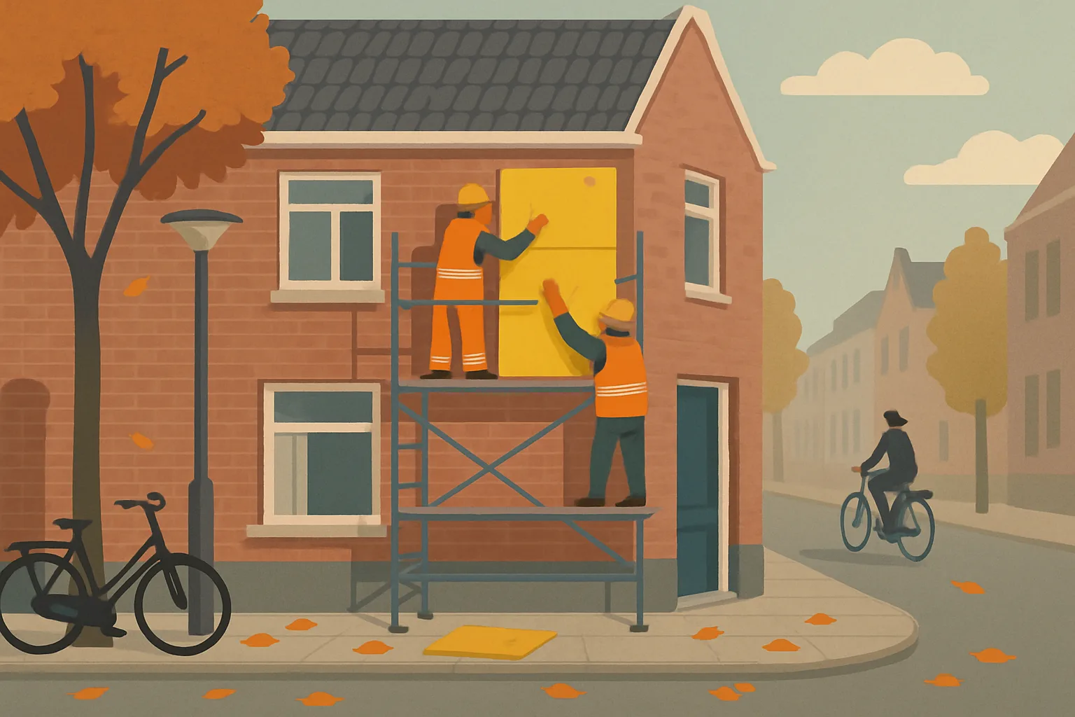 An illustration of a brick terraced house in a Dutch city under repair, with generic construction workers on a scaffold fitting insulation panels to an exterior wall, autumn leaves on the pavement and a cyclist passing by.