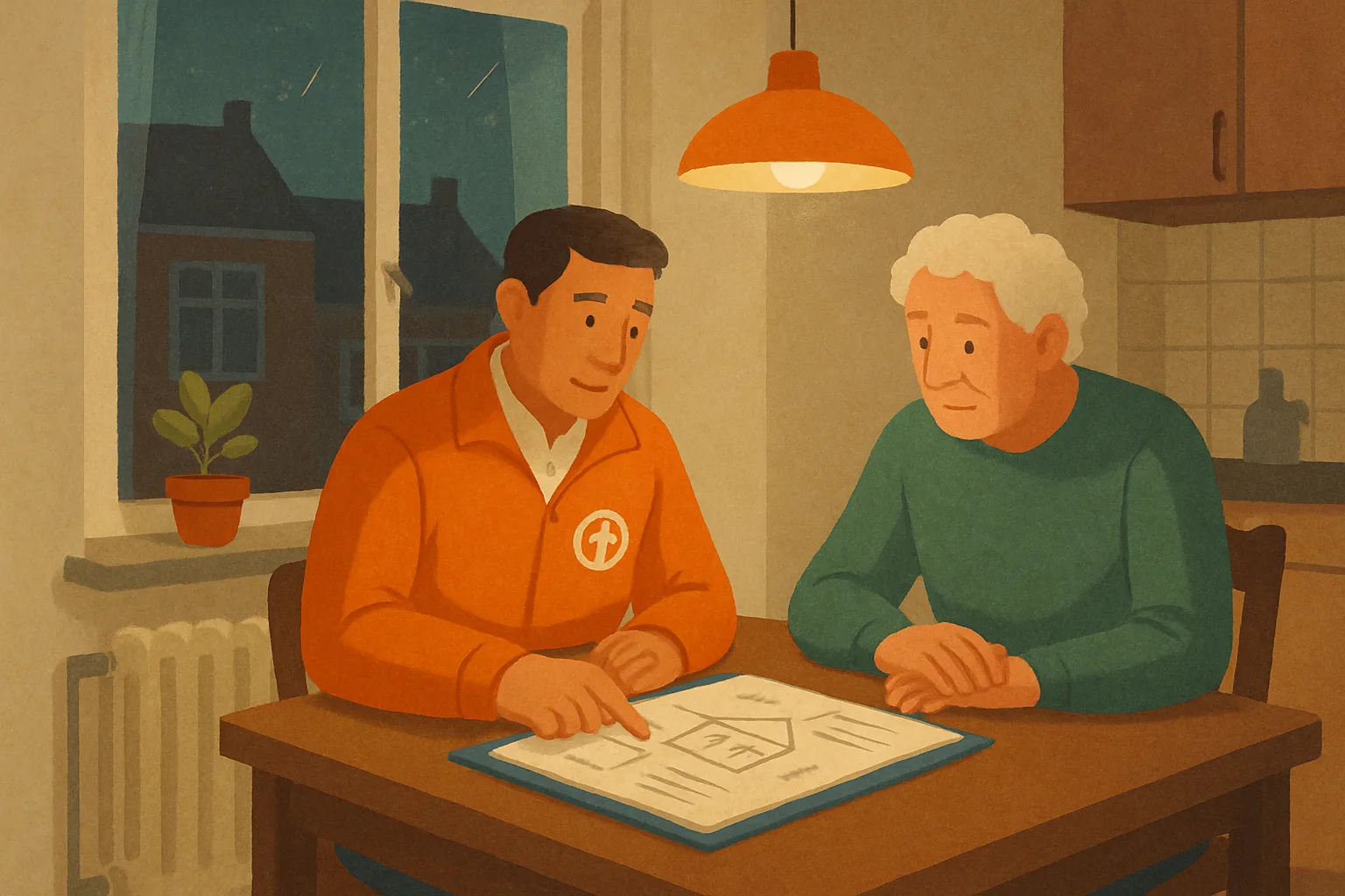 An energy advisor and a homeowner sitting at a kitchen table in a modest Dutch terraced house, looking over a folder of house sketches together, with an older single-glazed window visible in the background.