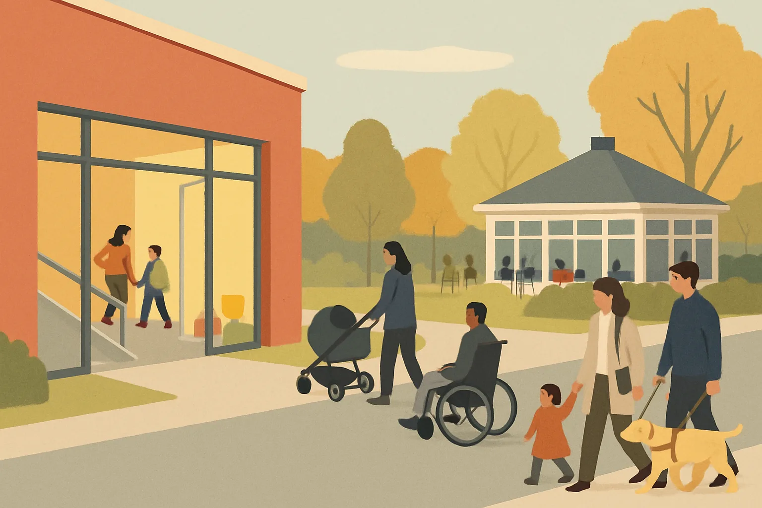 An illustration of a bright theatre foyer and a park pavilion with a step-free path, with families, wheelchair users and a guide dog moving easily between them.