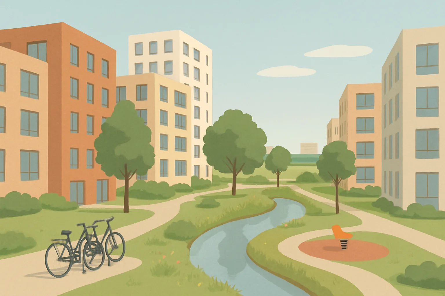 An illustration of a new residential district with mid-rise apartment blocks around a green, car-free shared space and a stream with planted banks.