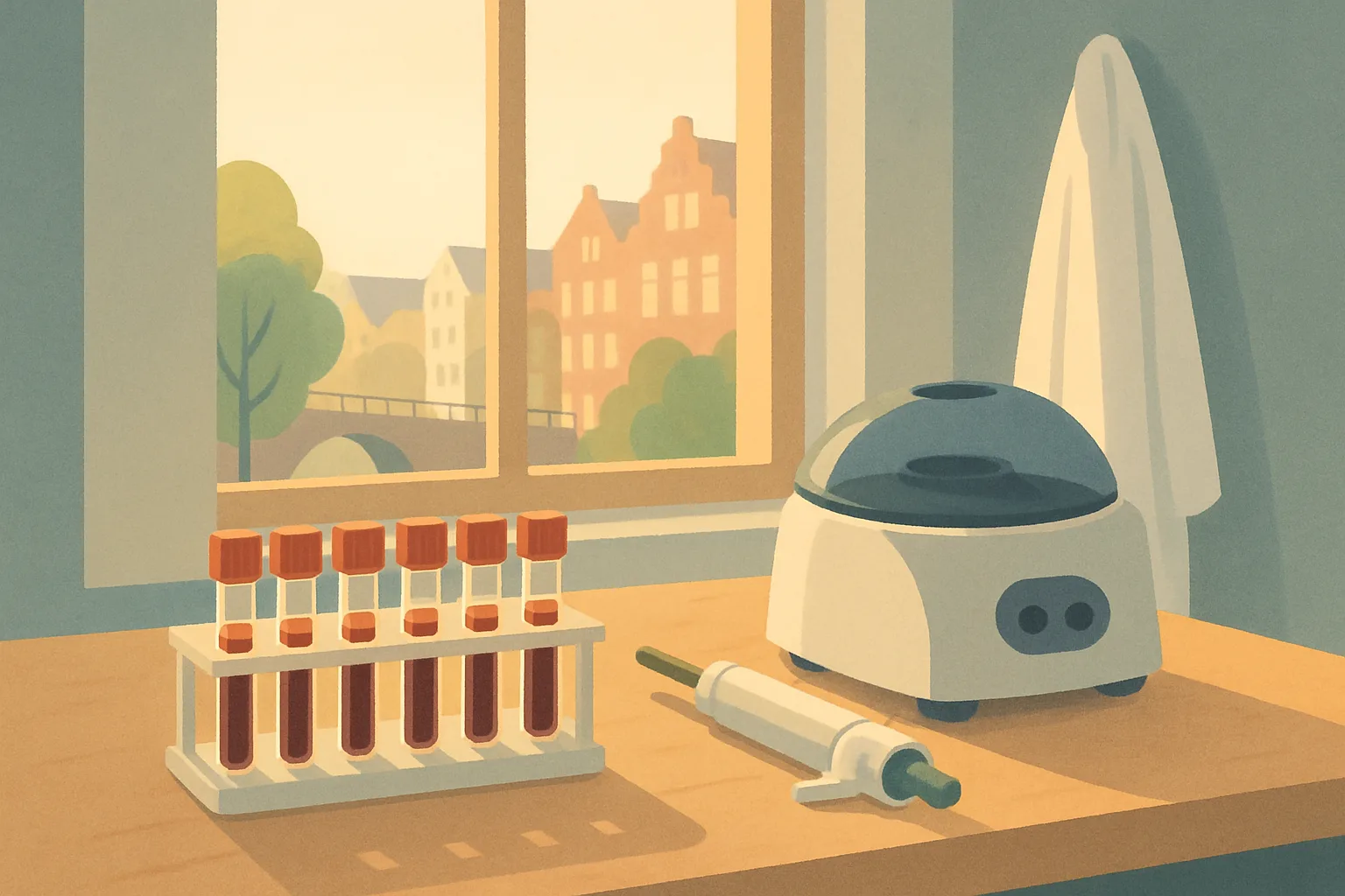 A stylised illustration of a research lab bench with blood sample vials and laboratory glassware under soft light, evoking cardiovascular research.