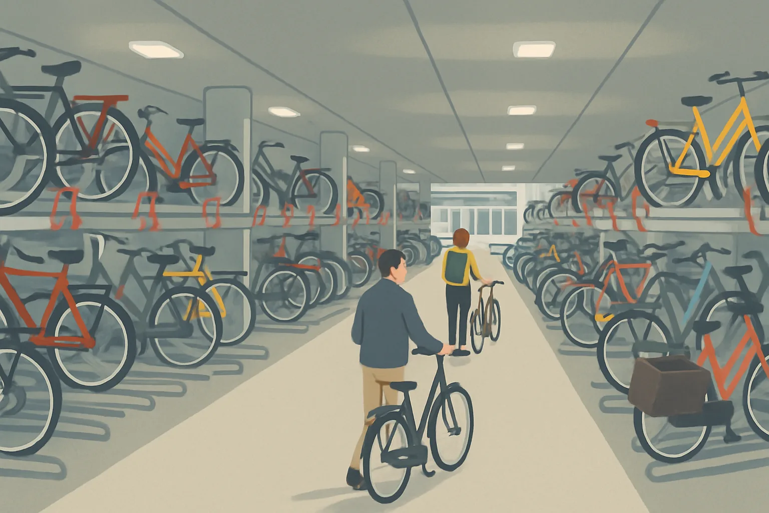 A wide, orderly underground bicycle parking garage with rows of parked bikes and cyclists wheeling bikes past open spaces.