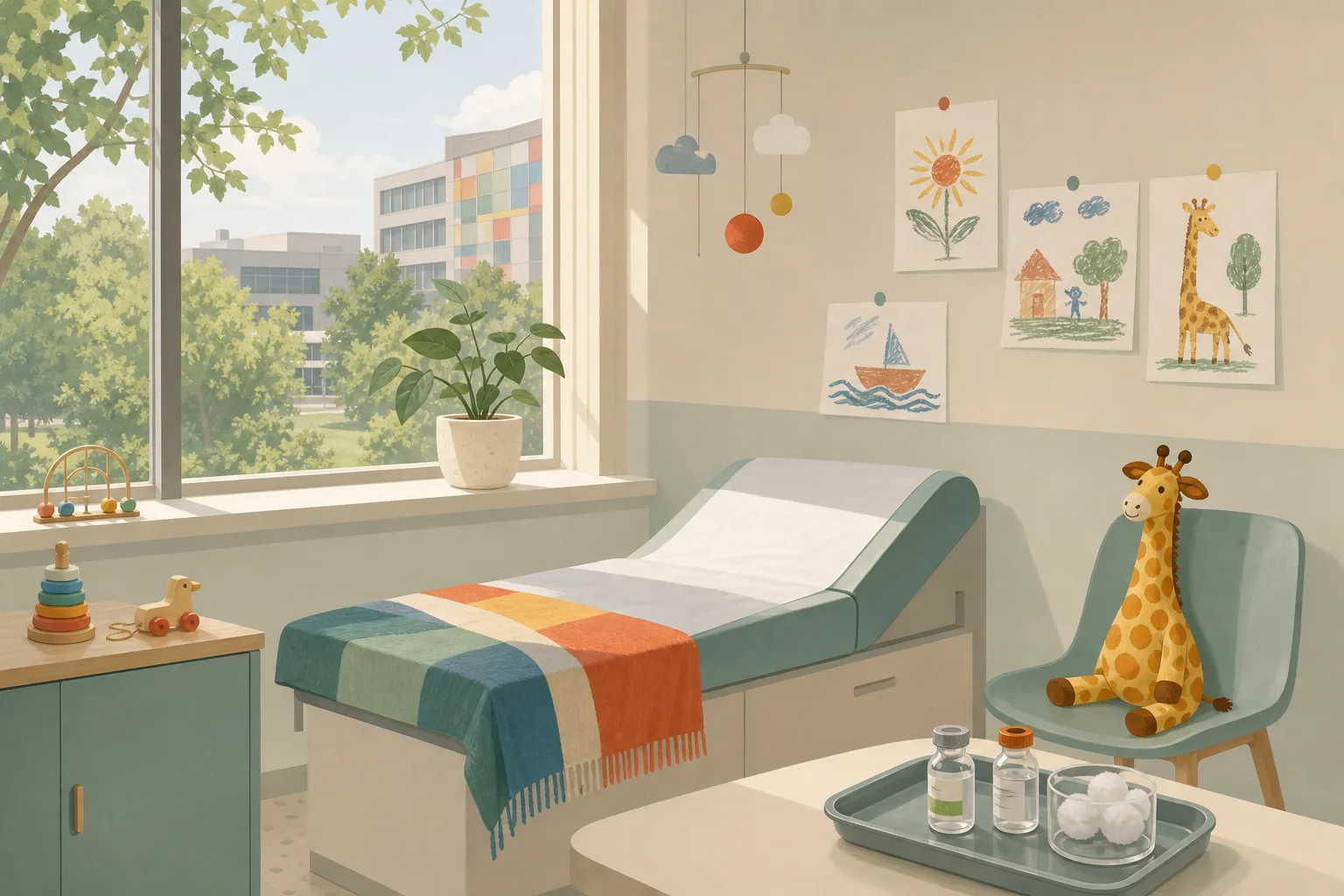 An illustrated paediatric clinic room with a small examination couch, a vaccine tray and a child's drawing pinned to the wall, lit by soft daylight.