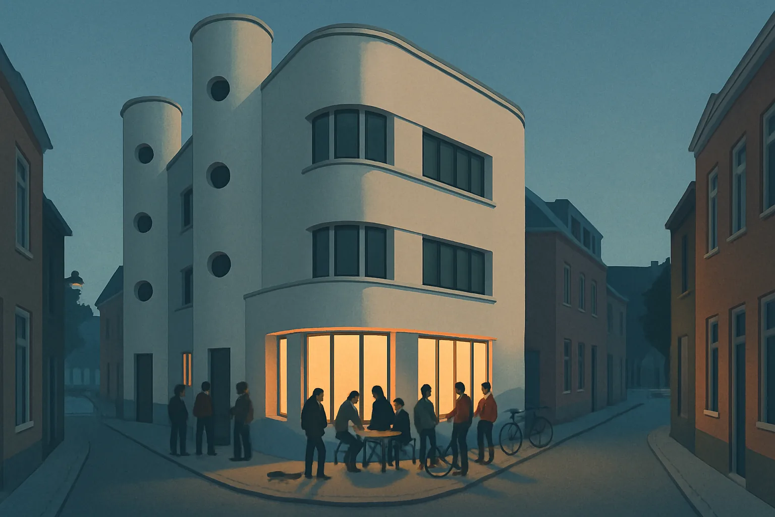 An illustration of a 1930s corner building with rounded stairwell windows glowing warmly at dusk, small groups of people gathered outside near skateboards and folding tables, evoking a lively cultural venue without any readable signage.