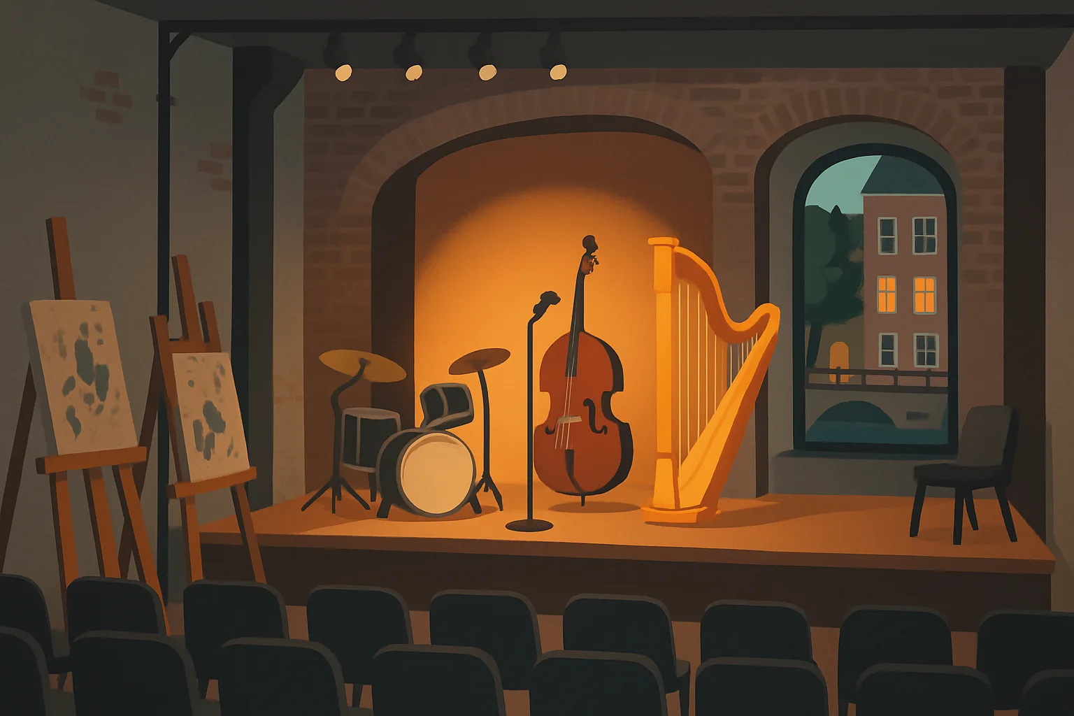 An illustrated small theatre stage in a Utrecht-style brick building, with a band's instruments and a harp set up and chairs waiting for an audience.