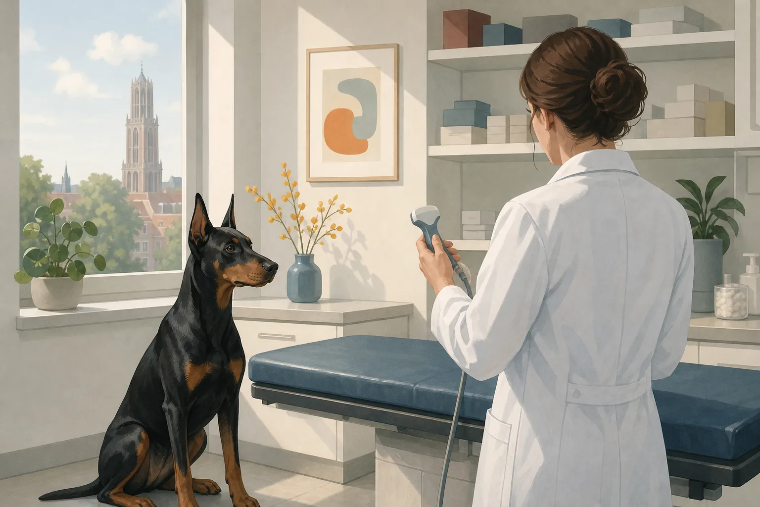 A calm black-and-tan Dobermann-like dog sits beside an examination table while a vet prepares an ultrasound probe.
