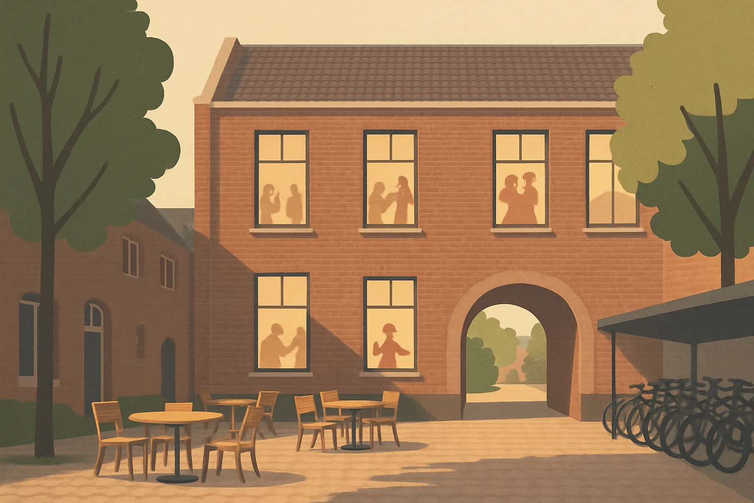 An illustrated courtyard entrance to an older brick building in central Utrecht, with a café terrace, bicycles and people arriving for evening classes.