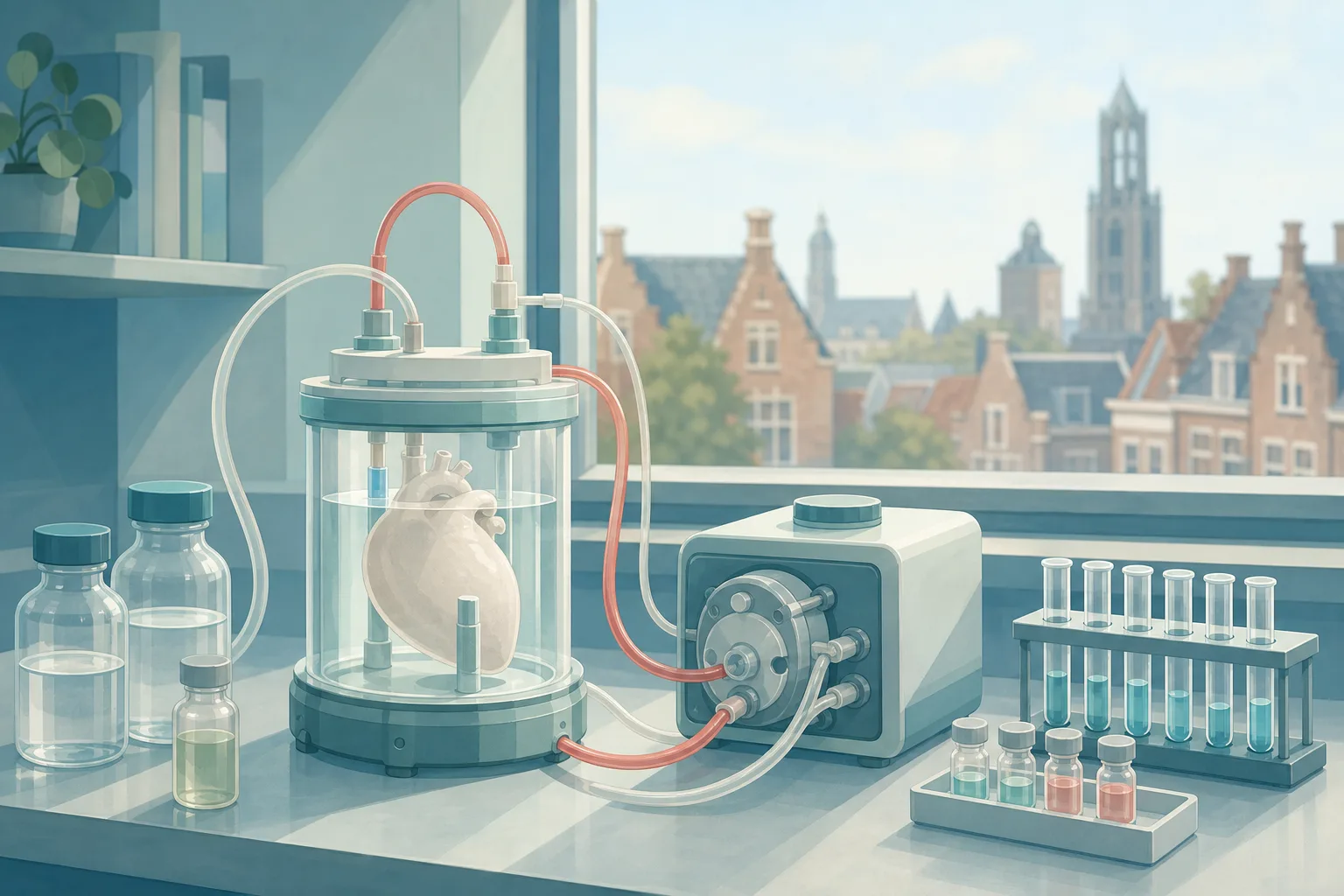 An illustrated operating-theatre laboratory bench with a transparent organ chamber connected by tubes to a perfusion pump, lit in soft blue and green.