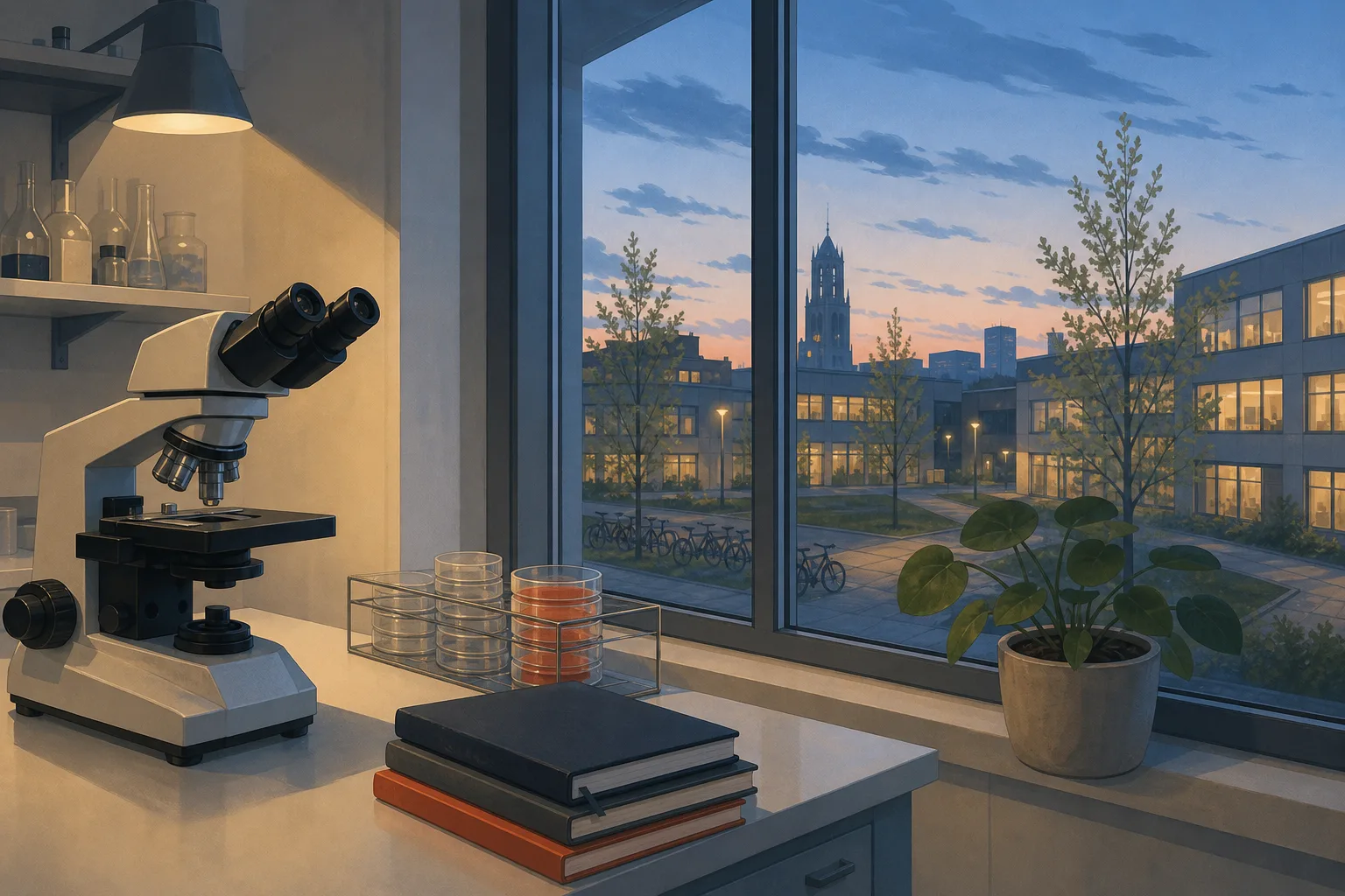 An illustrated university microscopy lab at dusk, with a microscope, petri dishes and notebooks on a bench, and a window looking out over a university campus.