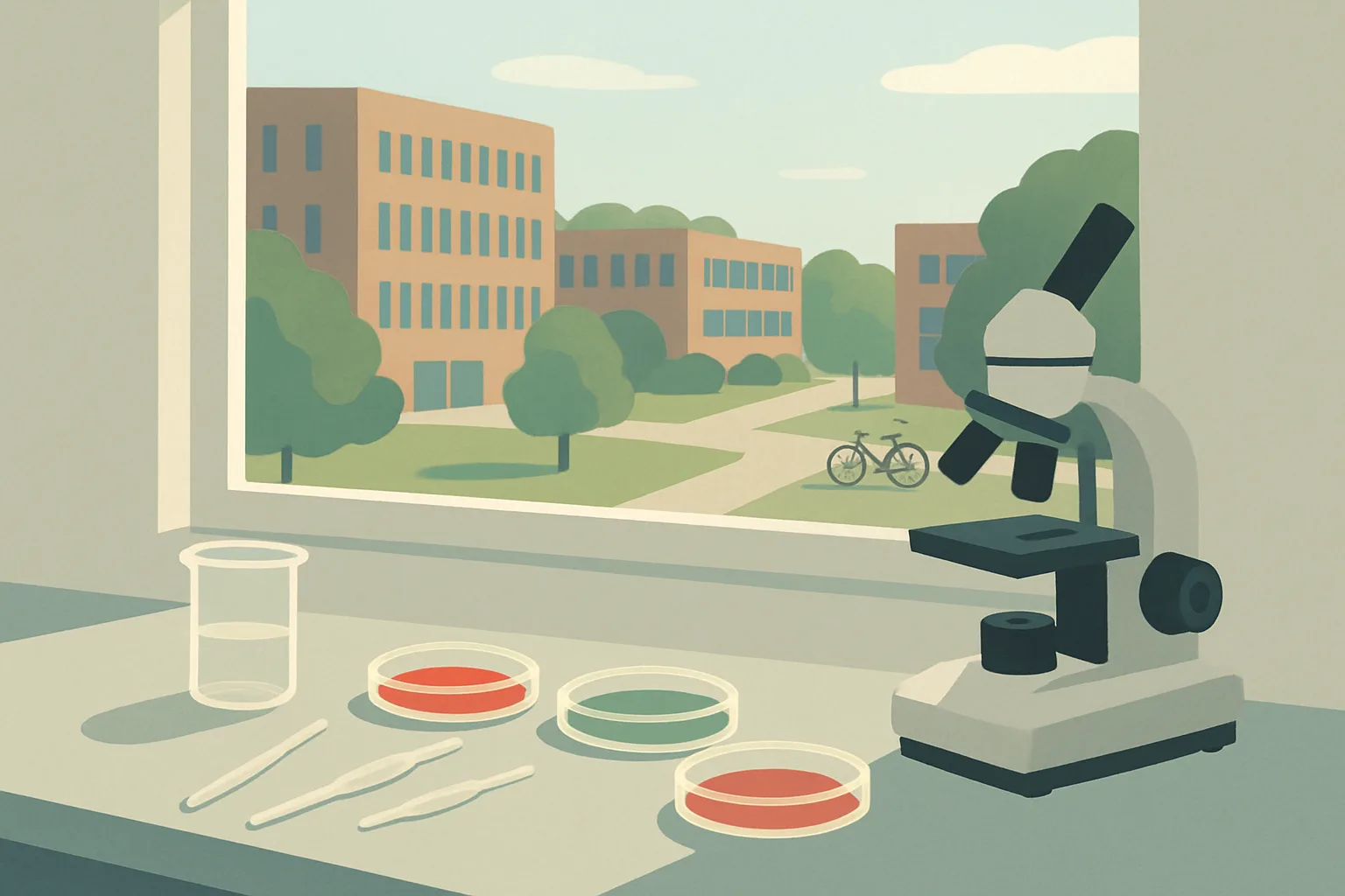 A bright university laboratory bench with petri dishes, glass pipettes and a microscope beside a window overlooking a green campus.