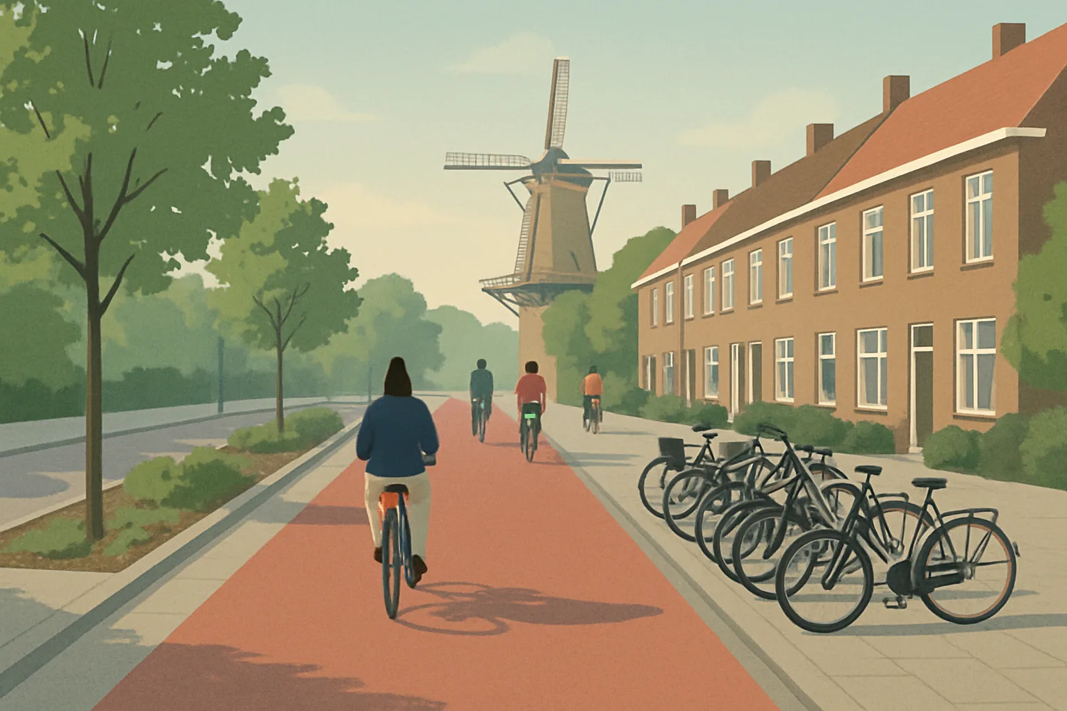 A wide residential street in a Utrecht neighbourhood with red asphalt, young trees, planted beds and bicycles parked in racks, with a traditional windmill in the background.