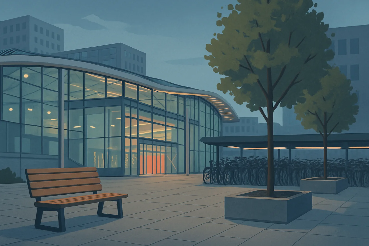 A quiet plaza near a modern train station at dusk, with empty benches and a covered walkway, rendered as a non-photorealistic illustration.