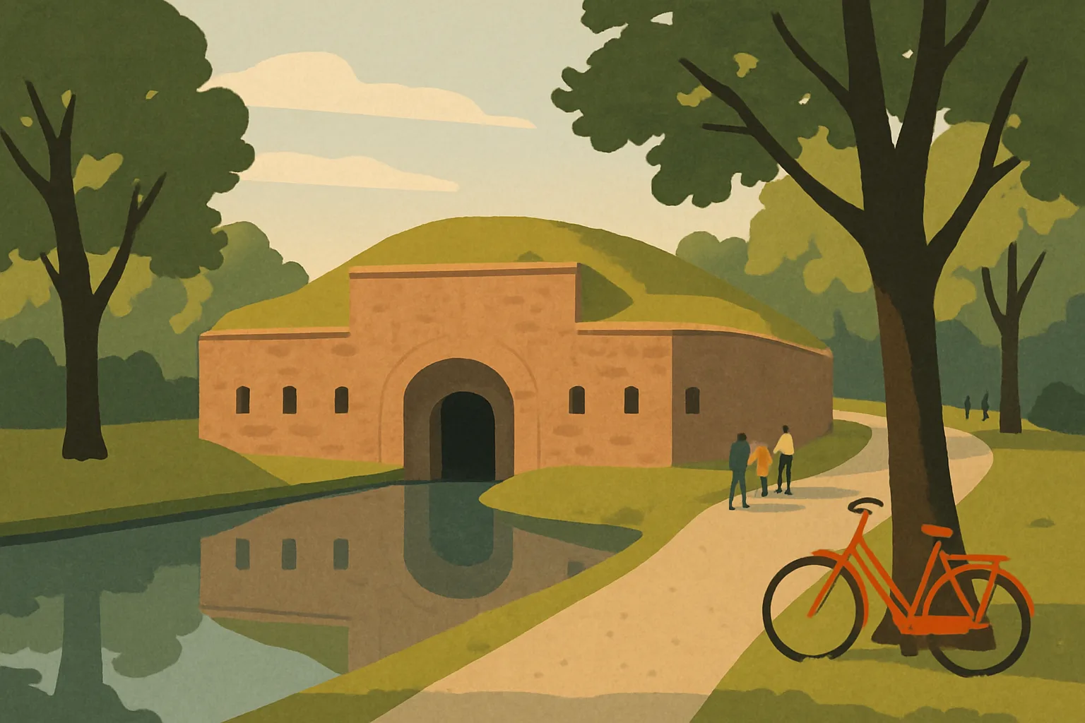 An illustrated grassy fort with a brick entrance, a moat and a footpath, with trees and a few walkers on a late-afternoon walk.