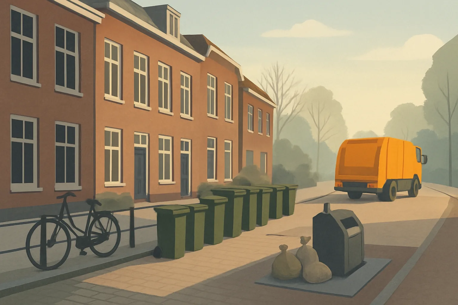 An illustrated Utrecht residential street on a quiet morning, with grey and green wheelie bins lined up at the kerb and an underground-container point beside a canal-side row of houses.