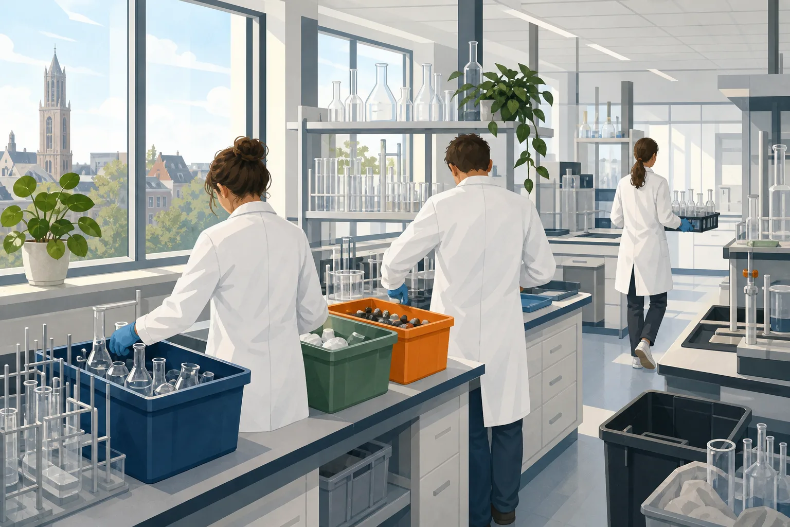 Researchers in a bright university laboratory sort bins for waste and reusable glassware beside rows of benches.