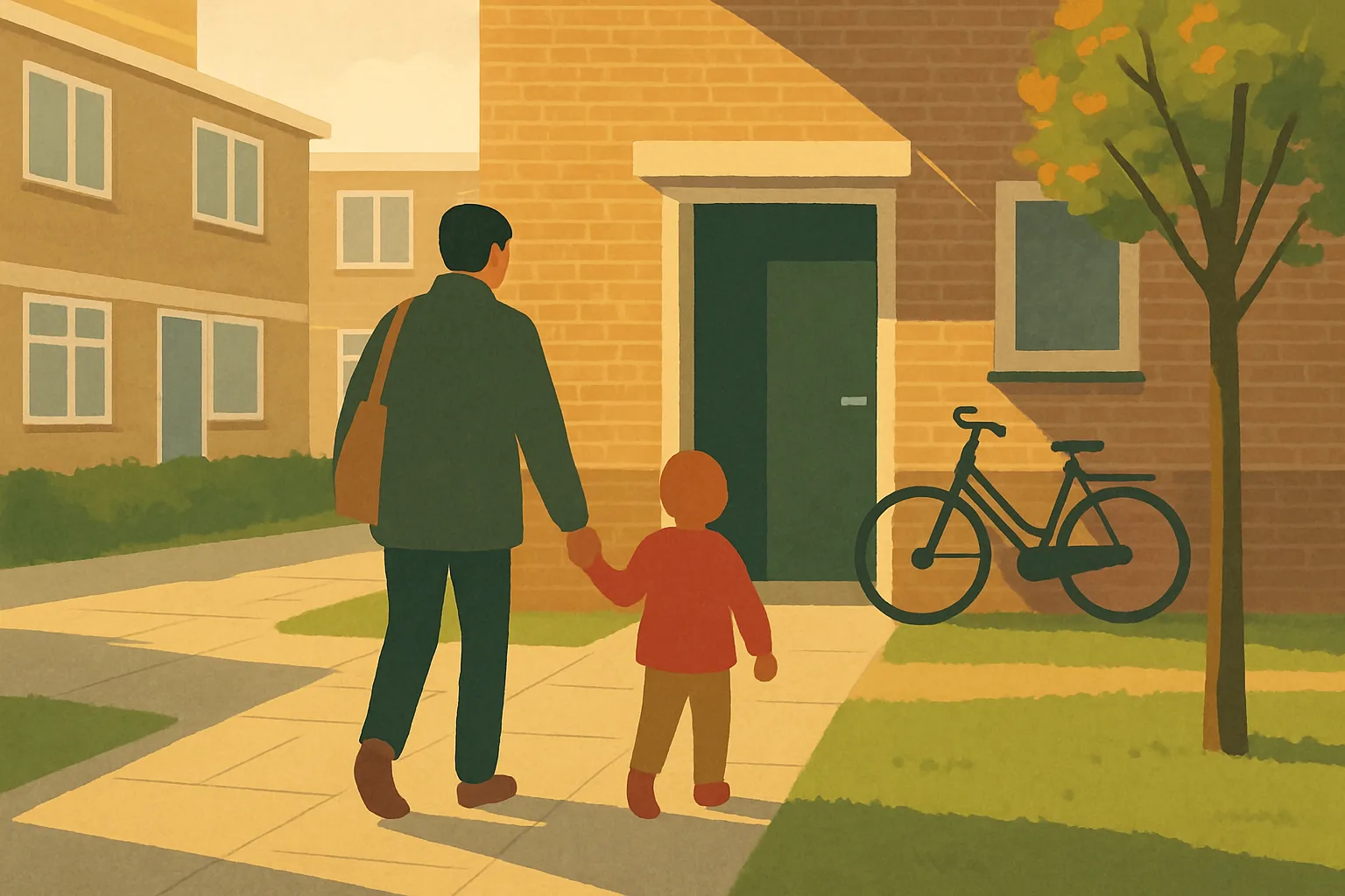 An illustration of an adult and a small child walking hand in hand along a pavement towards the green door of a low brick housing block, seen from behind, with a bicycle parked against the wall and a young tree in early autumn light.