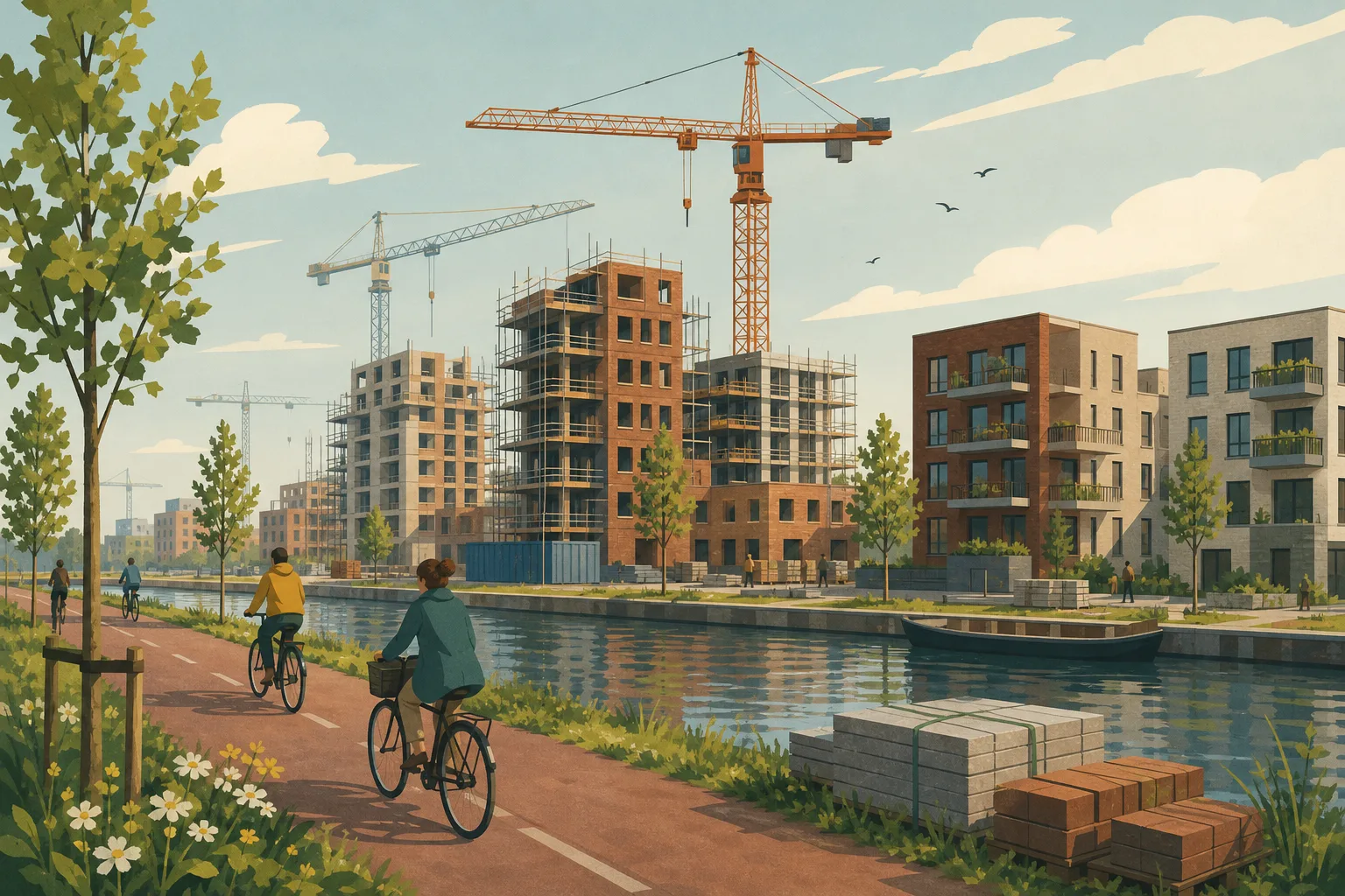 Construction cranes and half-finished apartment blocks rise beside a canal on the edge of a Dutch city, with cyclists passing on a path in the foreground.