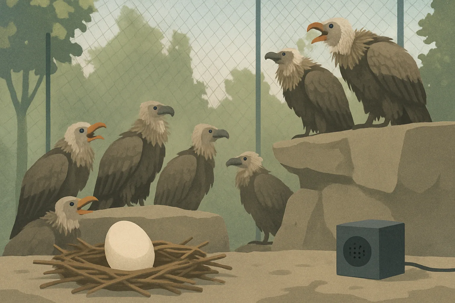 An illustrated group of large vultures perched on a rocky ledge in a zoo aviary, with a pale egg in a nest in the foreground.