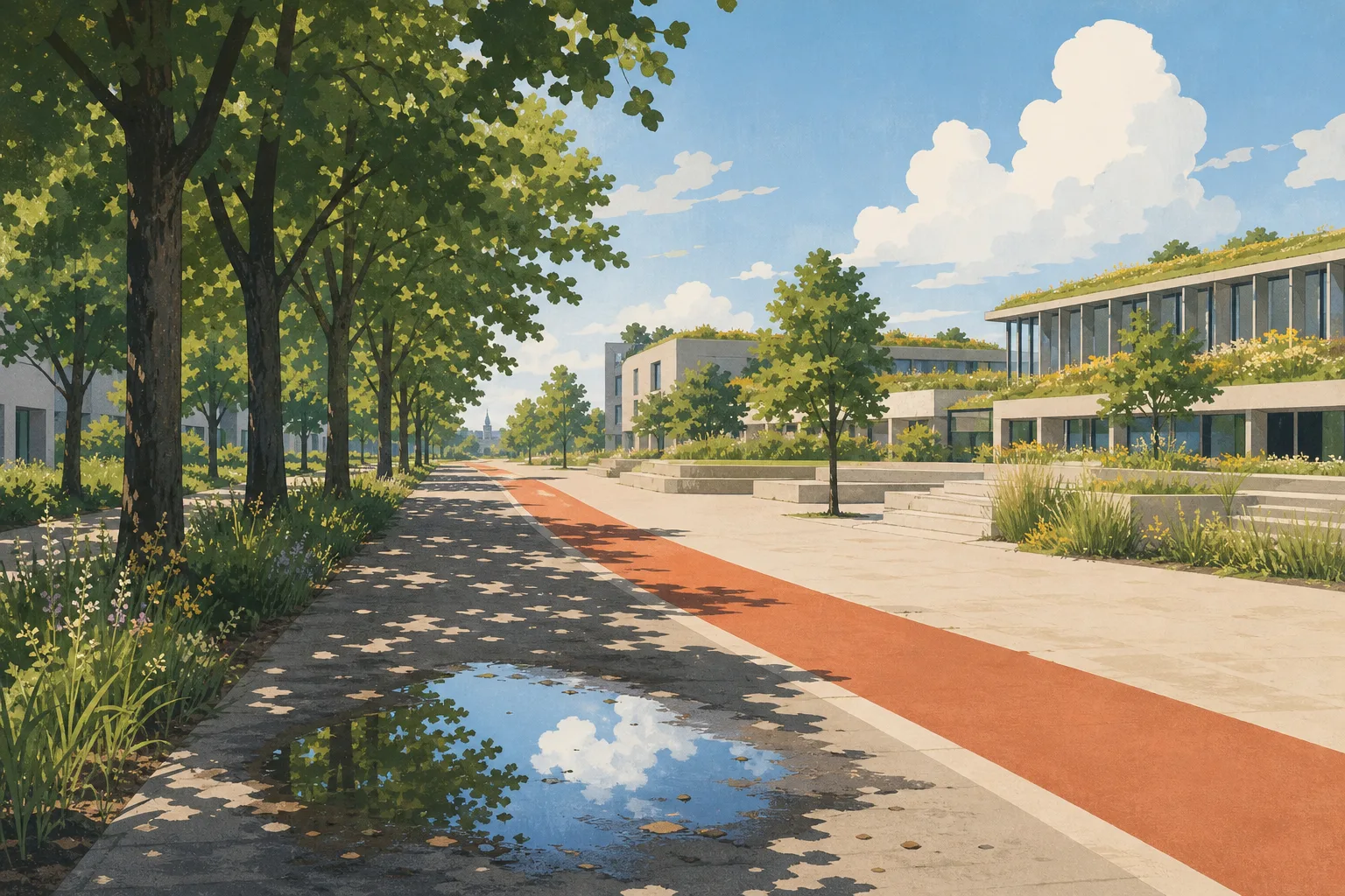 A tree-lined campus path with patches of shade, a wet puddle after rain and modern low-rise buildings in the background.