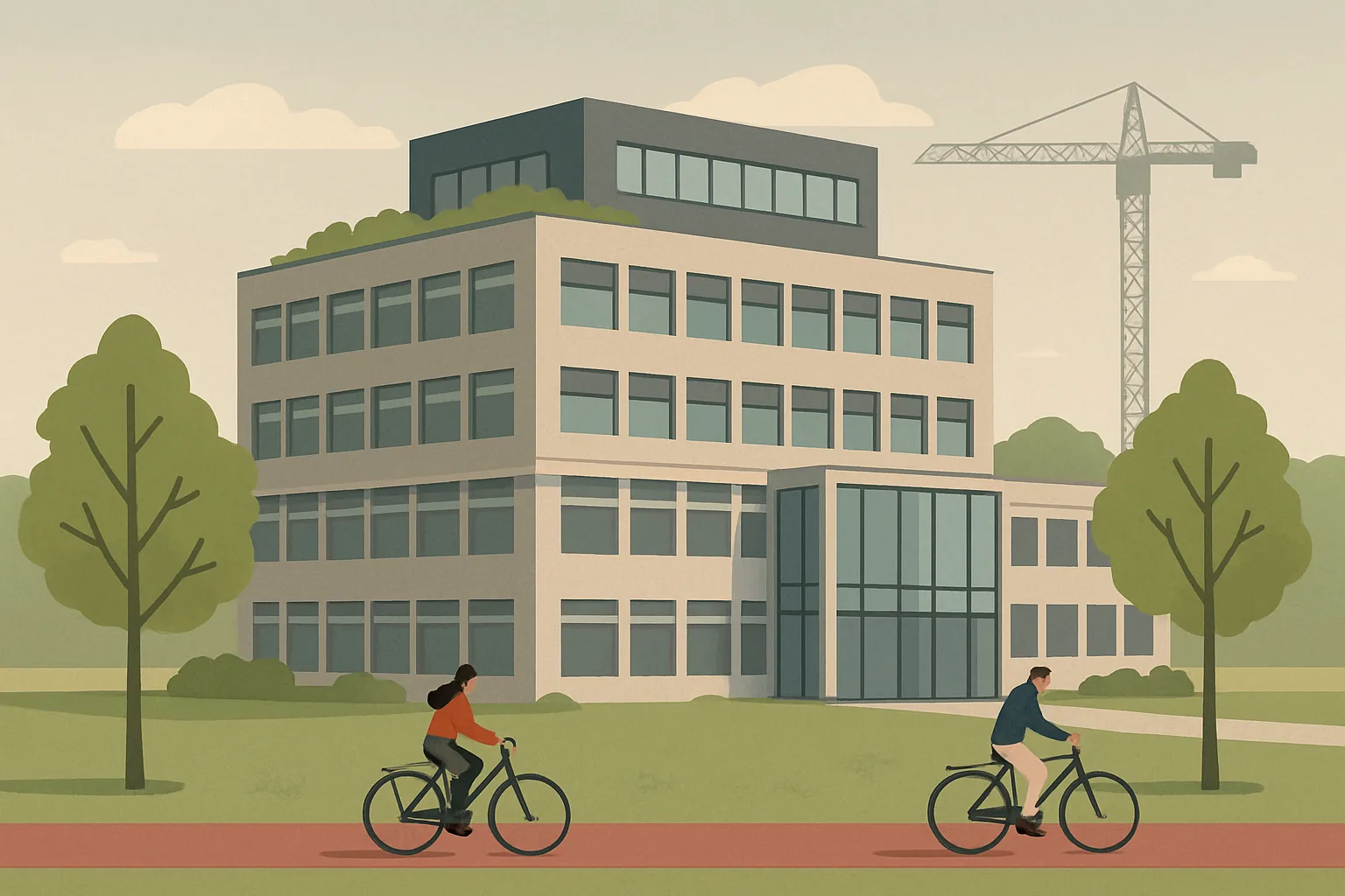 An illustrated multi-storey laboratory and office building with a leafy rooftop garden and a glass atrium, seen on a campus with cyclists and trees.