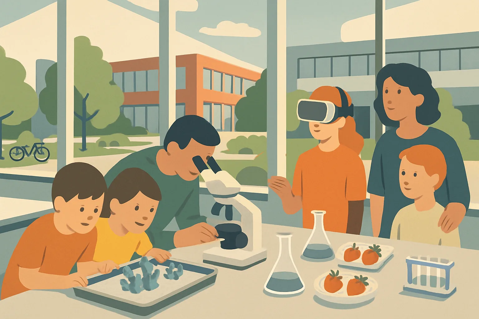 A bright university laboratory open to visitors, with children and adults gathered around tables holding crystals, a microscope and a virtual-reality headset.