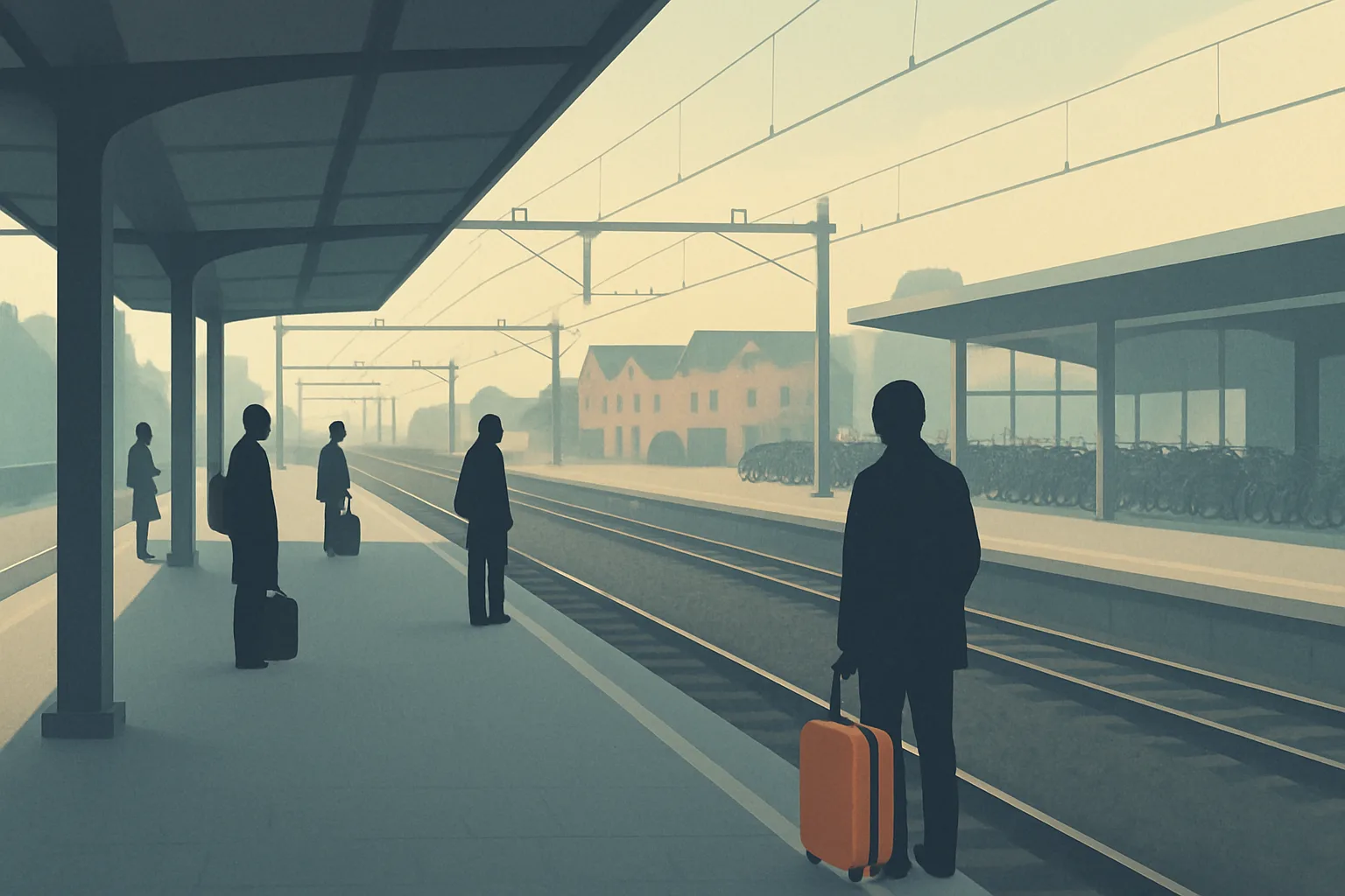 A quiet, illustrated view of an empty Utrecht Centraal platform with a few travellers waiting beside parked bicycles, rendered in a muted, non-photorealistic style.