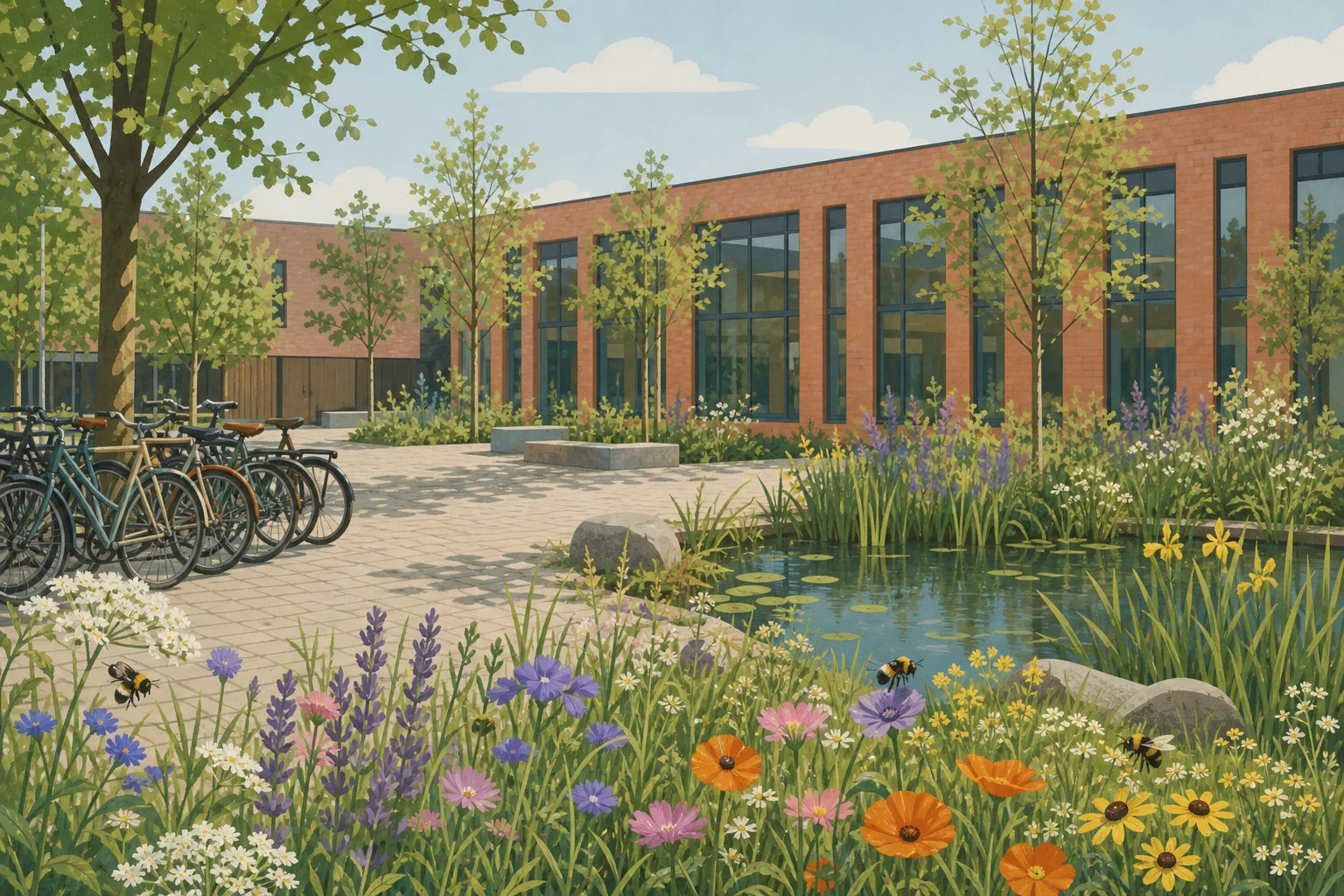 A university campus courtyard with wildflower borders, trees and a low brick building, with bees on the flowers.