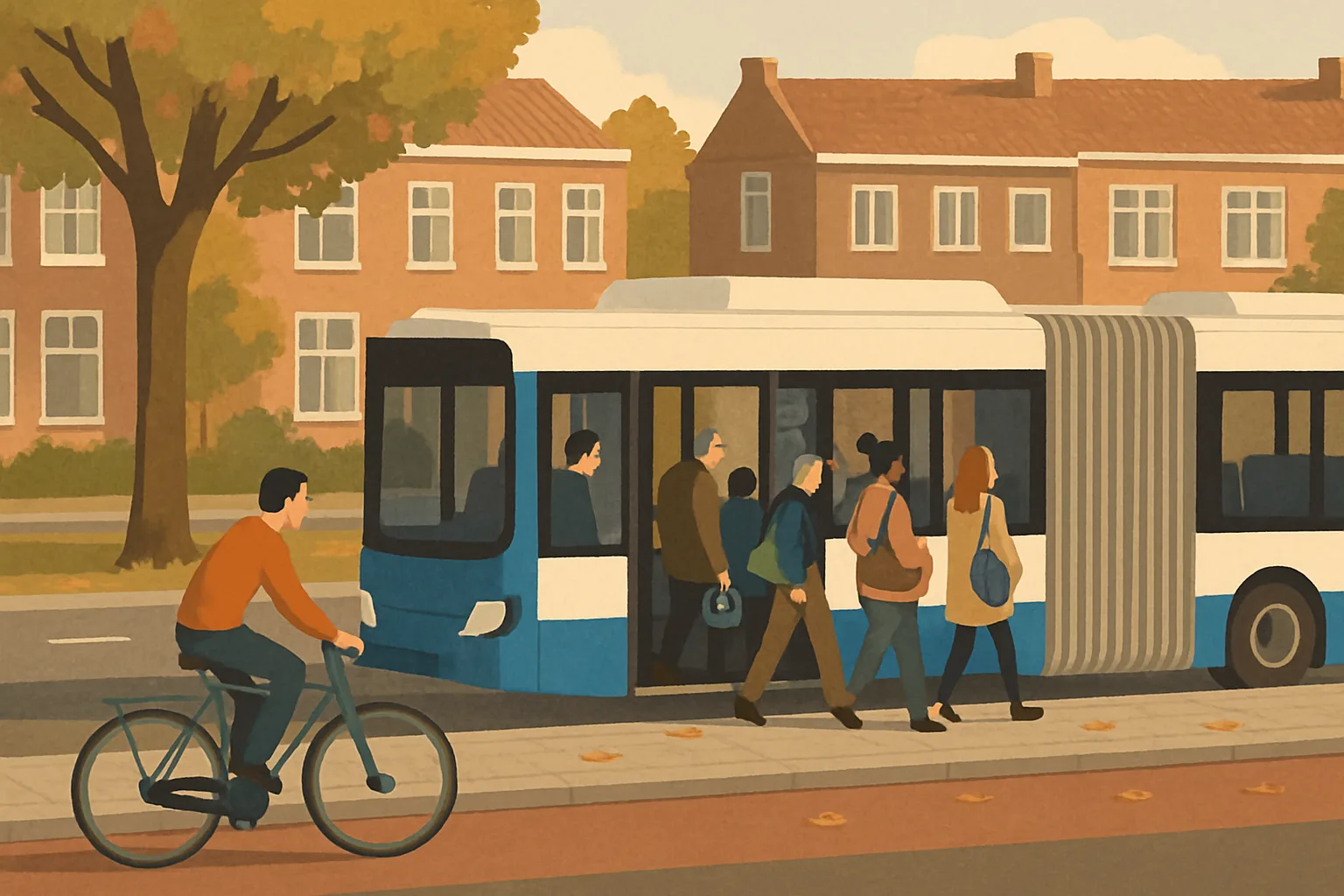 A blue-and-white city bus stopped at a tree-lined Utrecht street corner in early autumn, with a handful of commuters of different ages boarding through its open doors, cyclists passing on a nearby bike path.