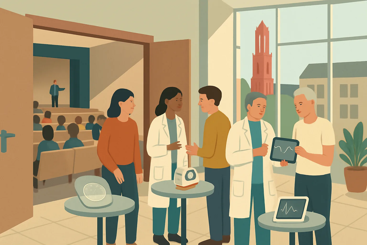 An illustrated hospital lecture hall with tiered seating and a stage, where people are gathered around small demonstration tables in the foyer beside it.