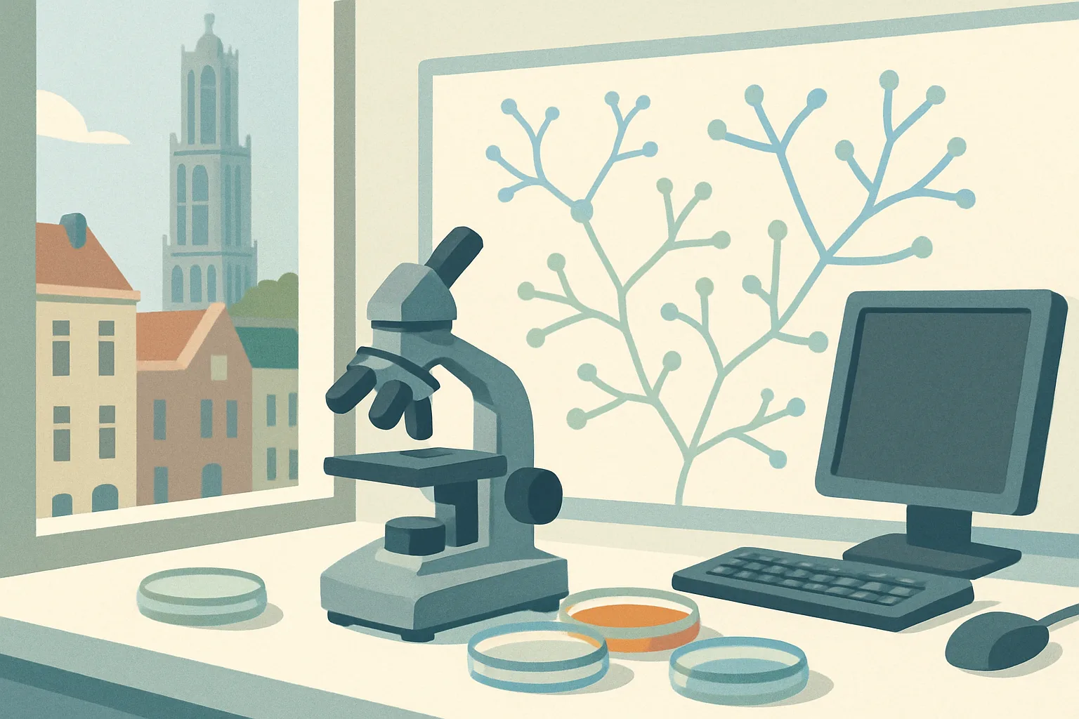 A stylised illustration of a laboratory bench with a microscope and a computer workstation showing abstract branching cell shapes, in soft blue and green tones.