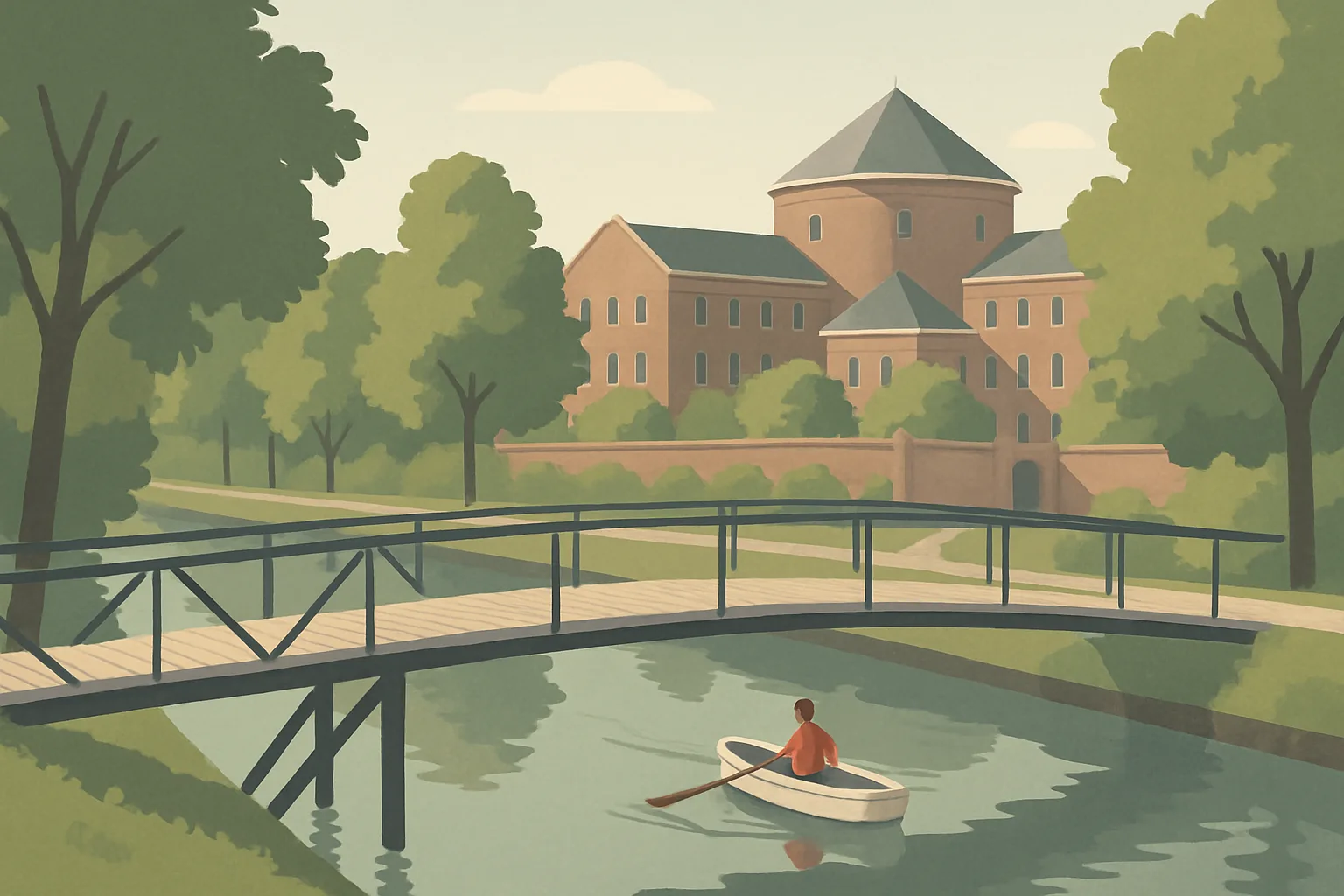 A slender steel footbridge with wooden planks crossing a calm canal lined with trees, with the historic Wolvenplein prison complex on the far bank.