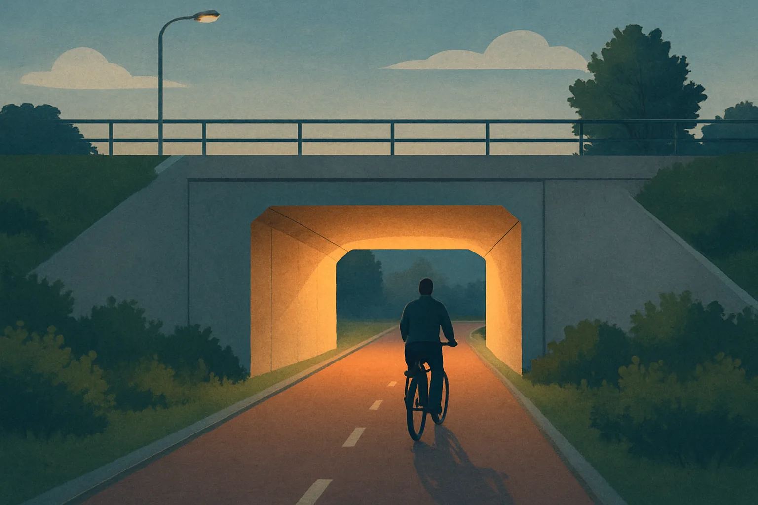 A woman cycles through a dimly lit underpass on a paved cycle path, with greenery and a distant streetlight along the route.