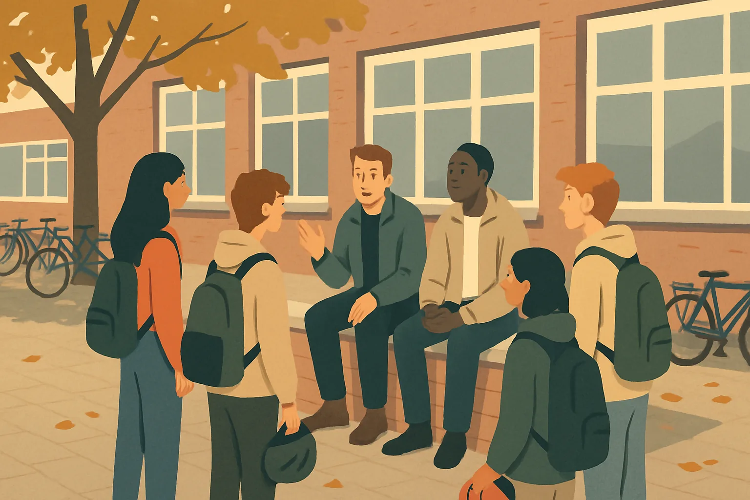 An illustration of two youth workers talking with a group of teenagers on a bench in a schoolyard beside a brick school building in autumn light.