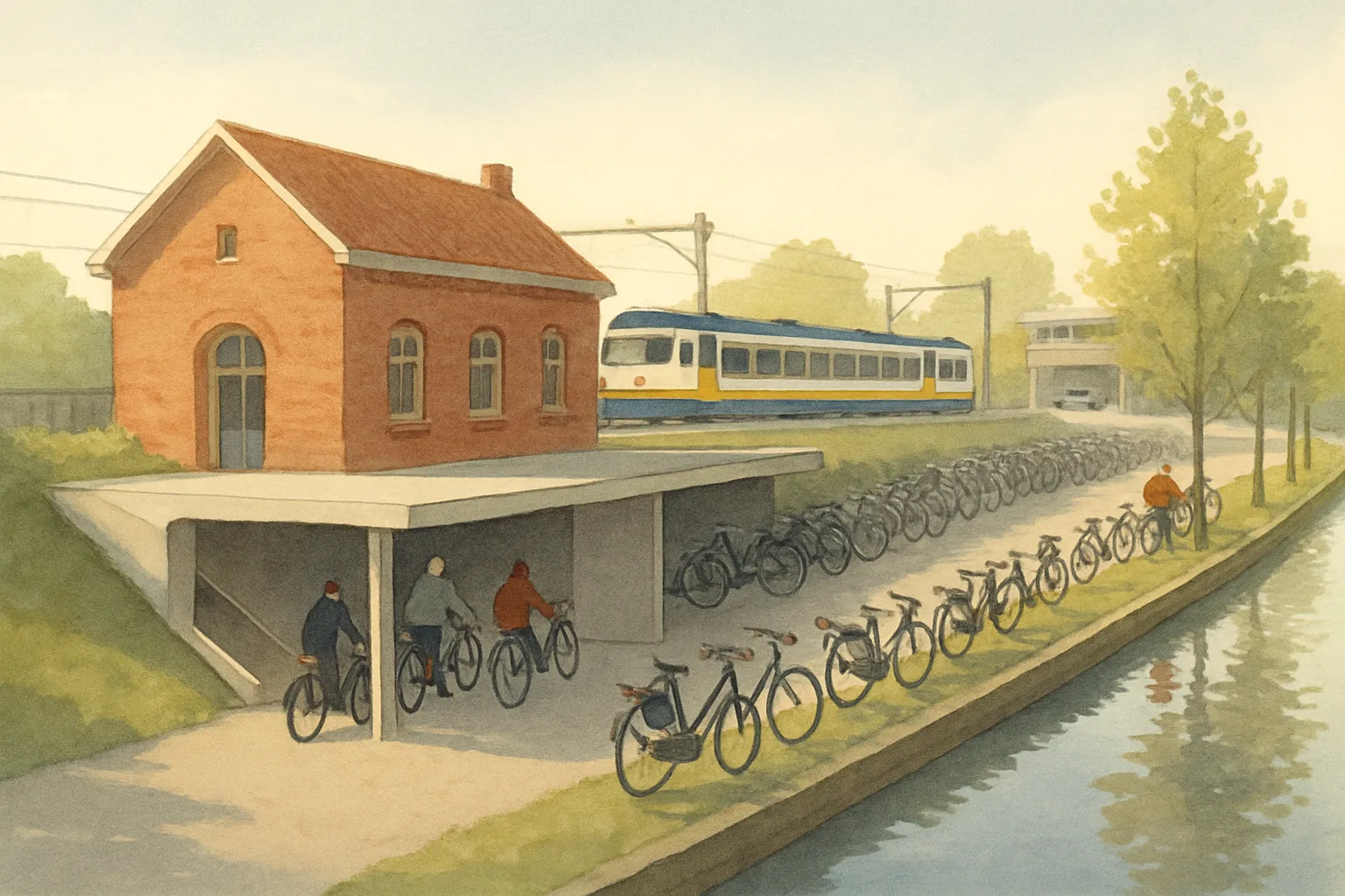 A painterly illustration of a covered bicycle parking ramp beside a redbrick station building on a canal, with commuters wheeling bicycles past a row of parked bikes and a train visible on a platform behind.